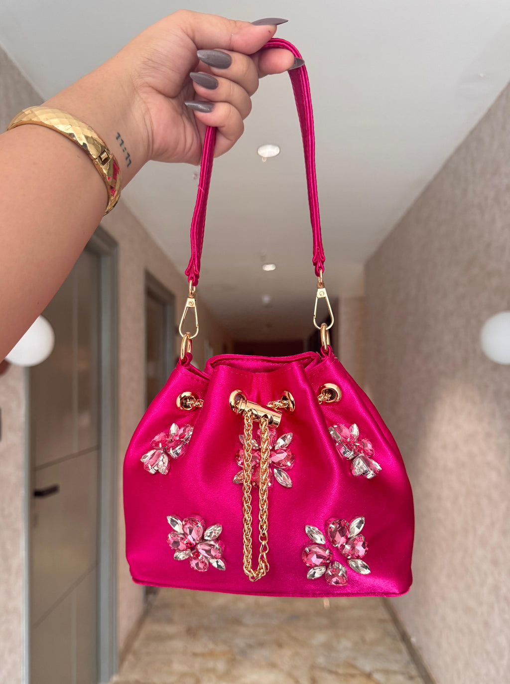 Embellished Satin Potli Bags with Crystal Floral Work