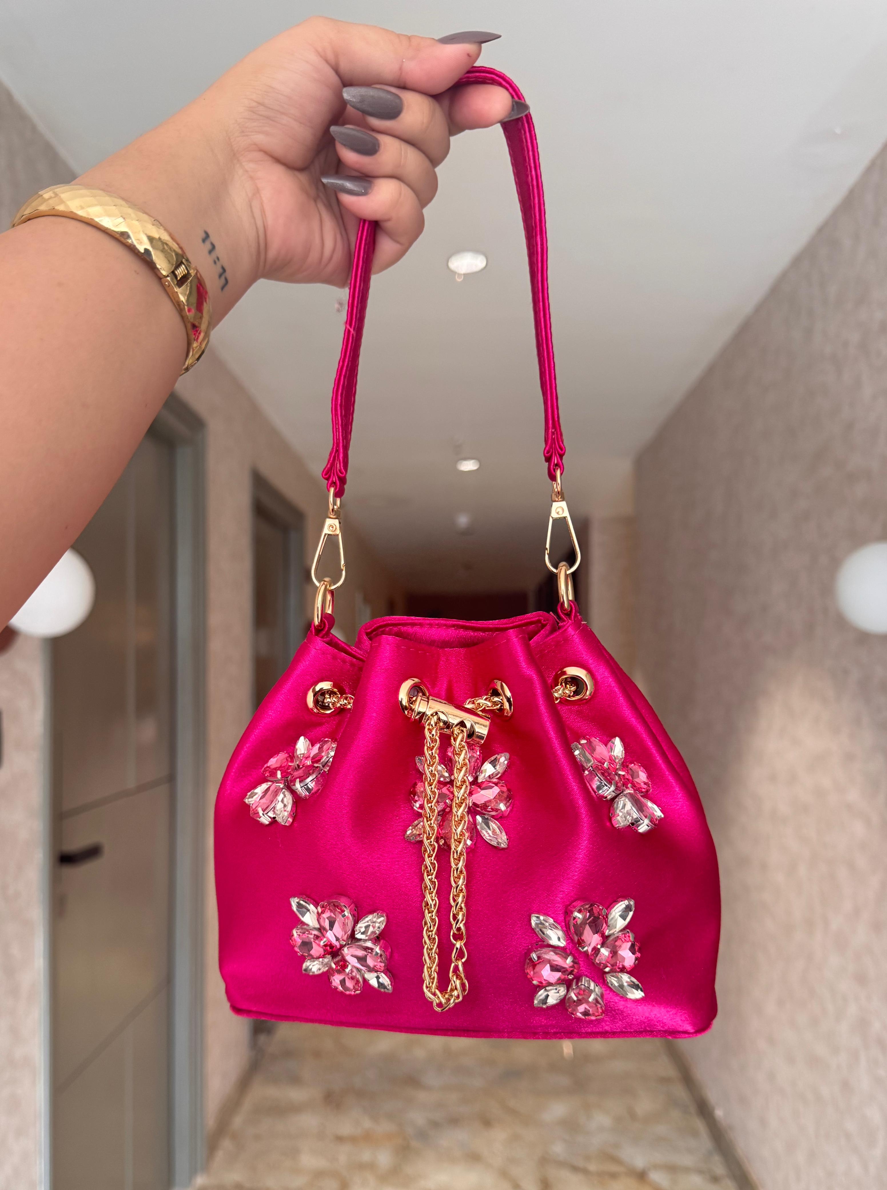 Embellished Satin Potli Bags with Crystal Floral Work