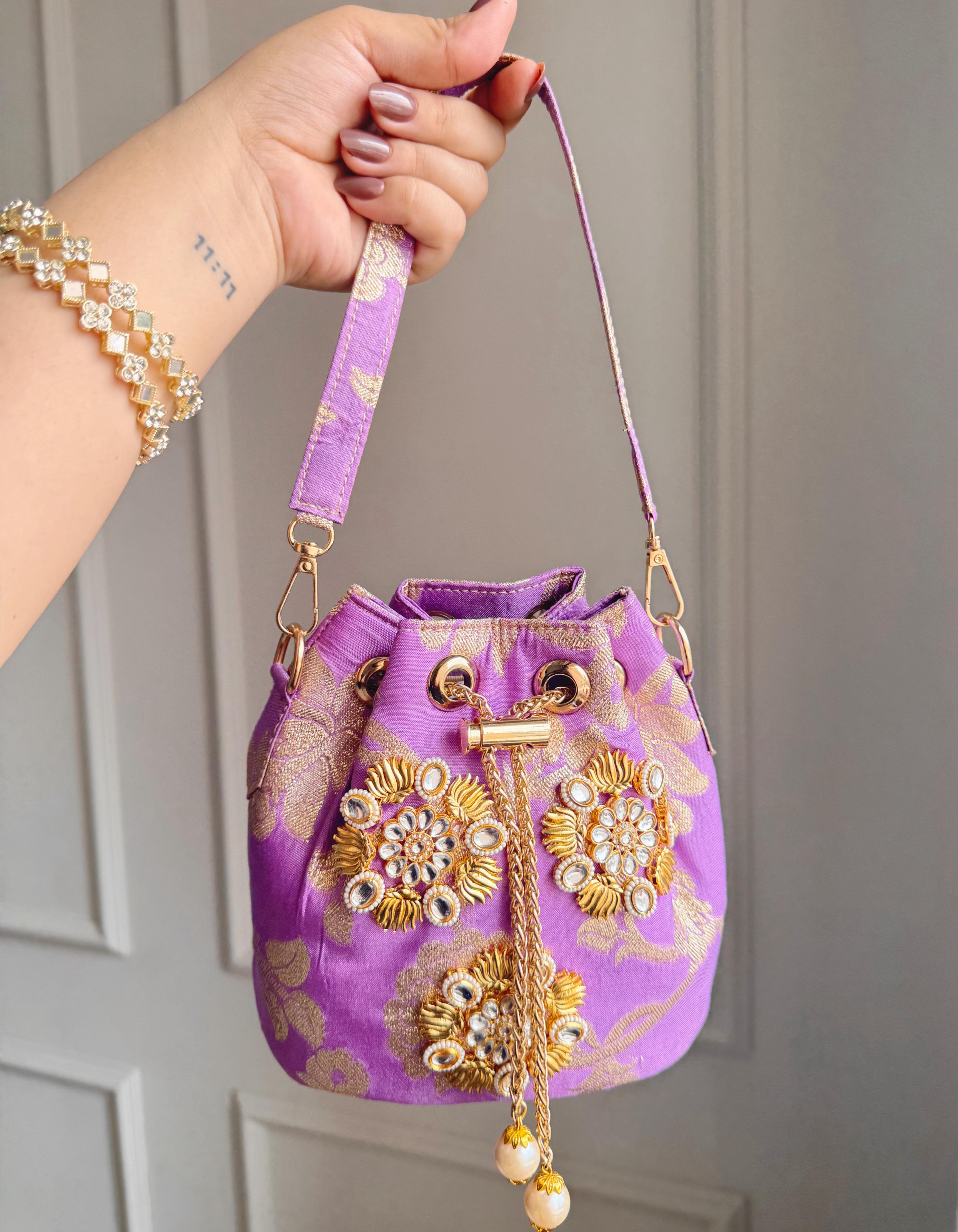 Banarasi Phool Embroidered Potli Bags – Traditional Drawstring Handbags with Golden Zari & Beadwork (Set of Colors)