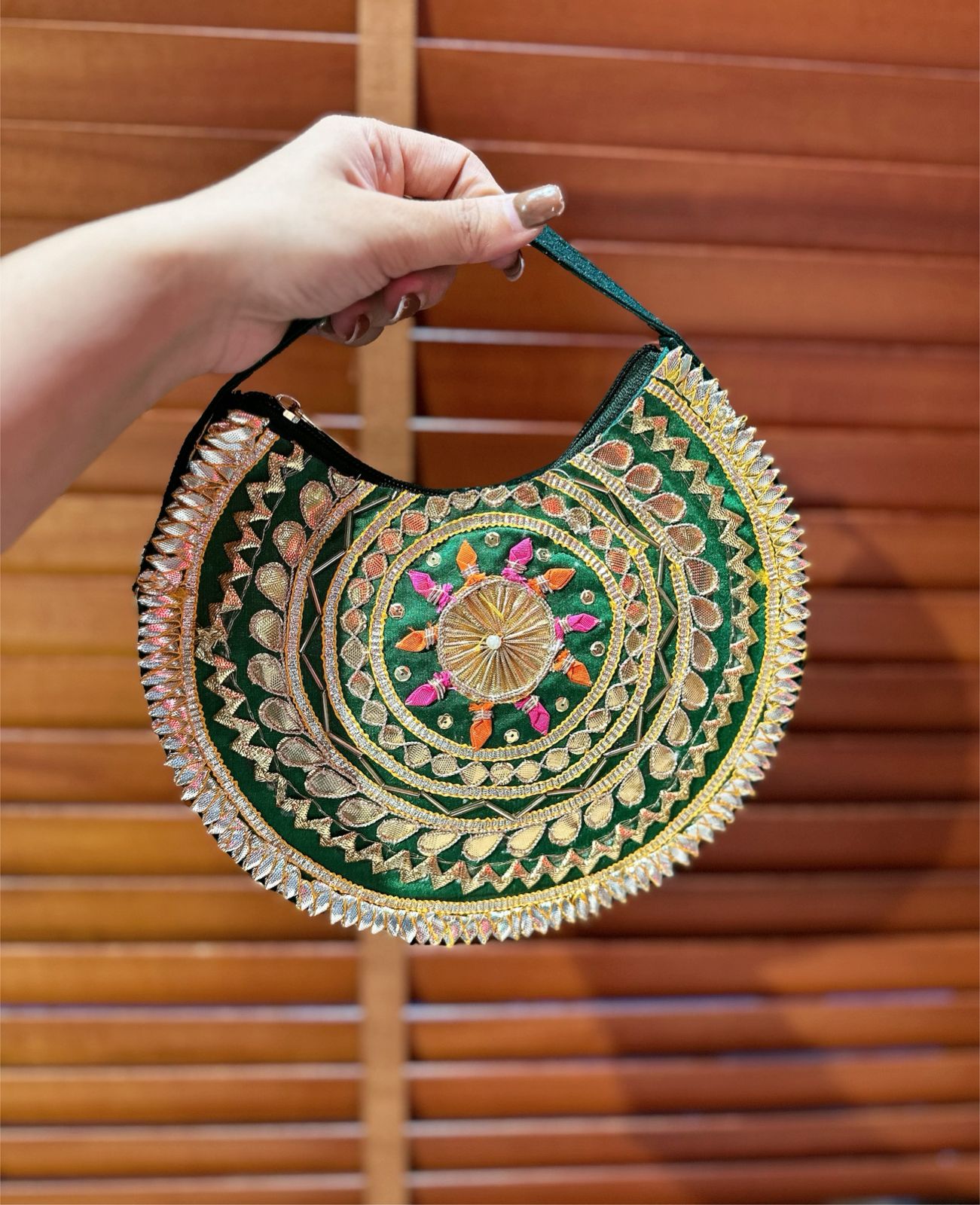 The Tribal Raw Silk Beaded Crescent Bag