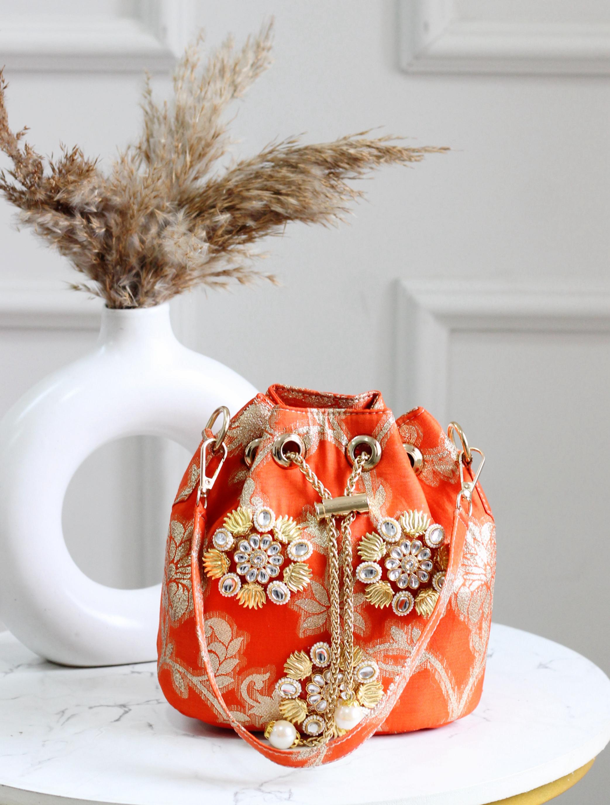 Banarasi Phool Embroidered Potli Bags – Traditional Drawstring Handbags with Golden Zari & Beadwork (Set of Colors)