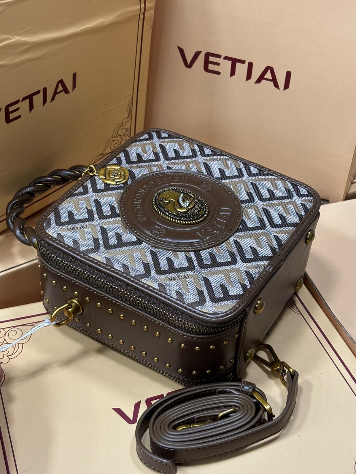 Designer Square Handbag for Women – Luxury Brown Printed Top Handle Bag with Sling Strap