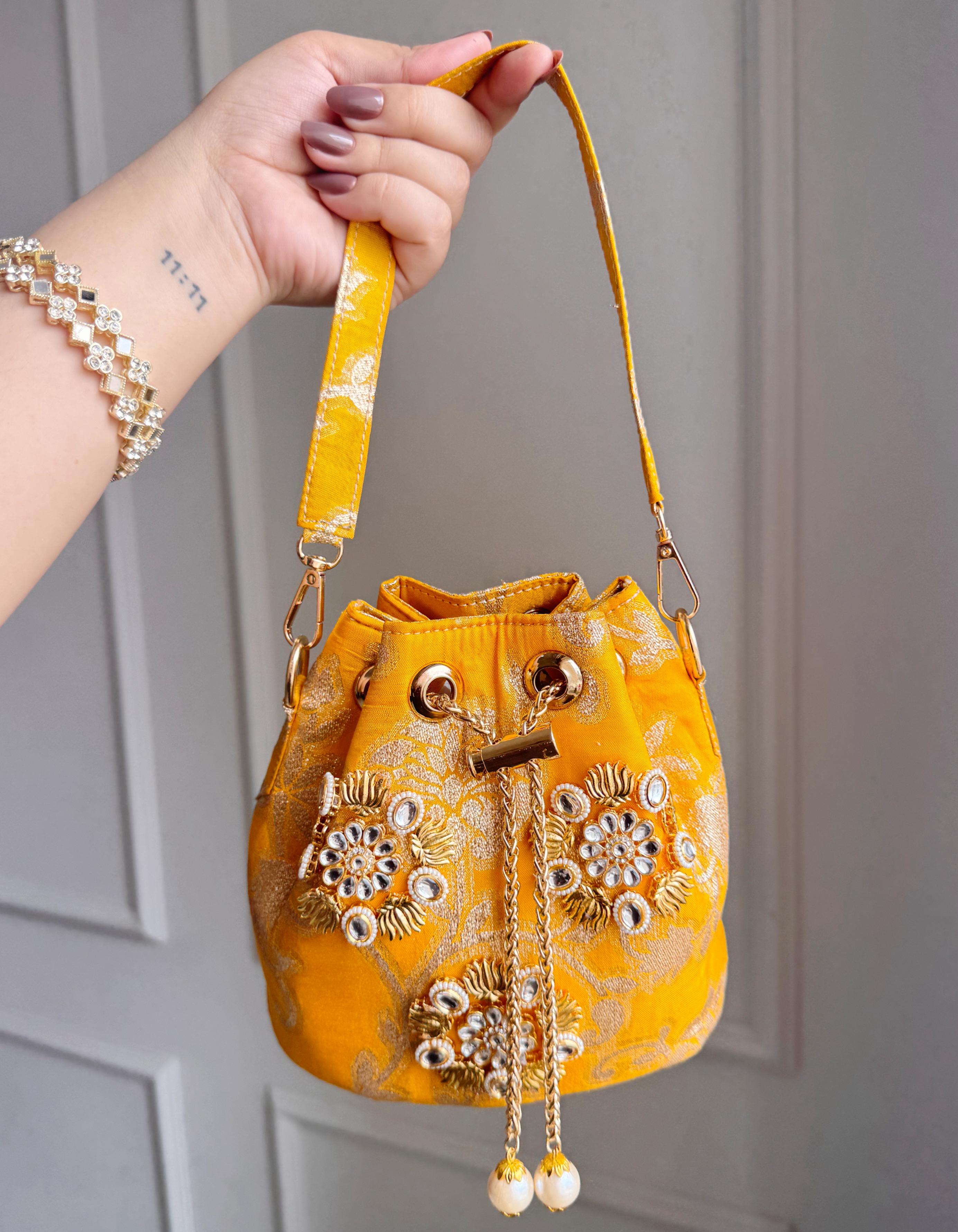 Banarasi Phool Embroidered Potli Bags – Traditional Drawstring Handbags with Golden Zari & Beadwork (Set of Colors)