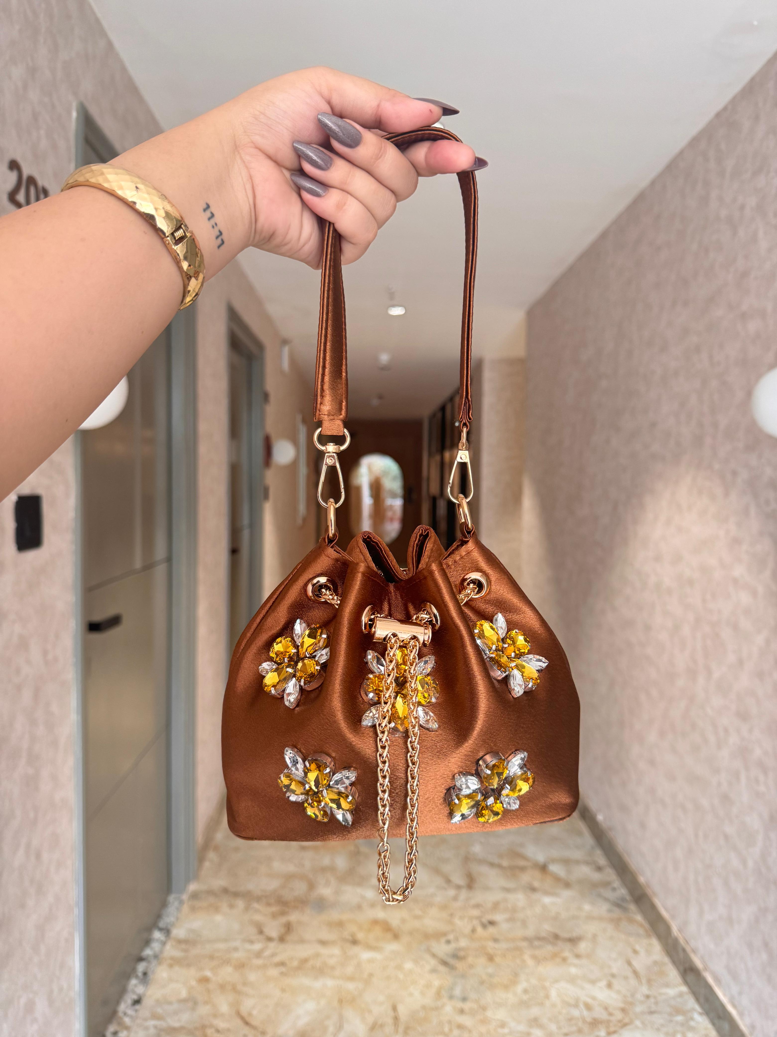 Embellished Satin Potli Bags with Crystal Floral Work