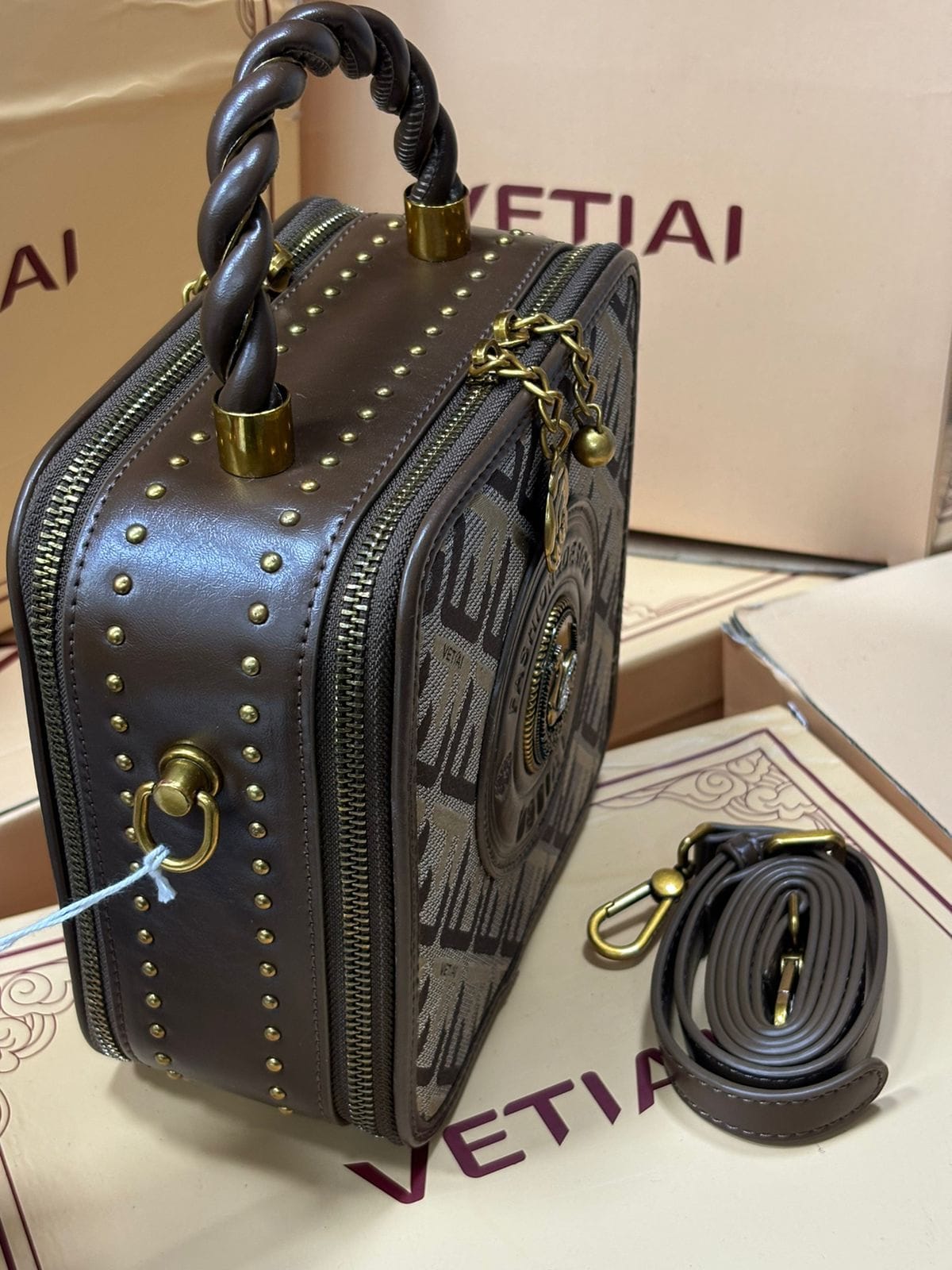 Designer Square Handbag for Women – Luxury Brown Printed Top Handle Bag with Sling Strap