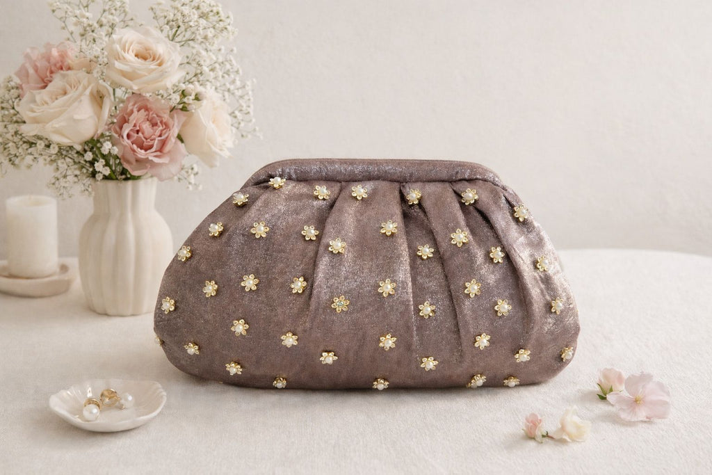 Shimmer Gala Soft Silk Clutch with a Floral Handle