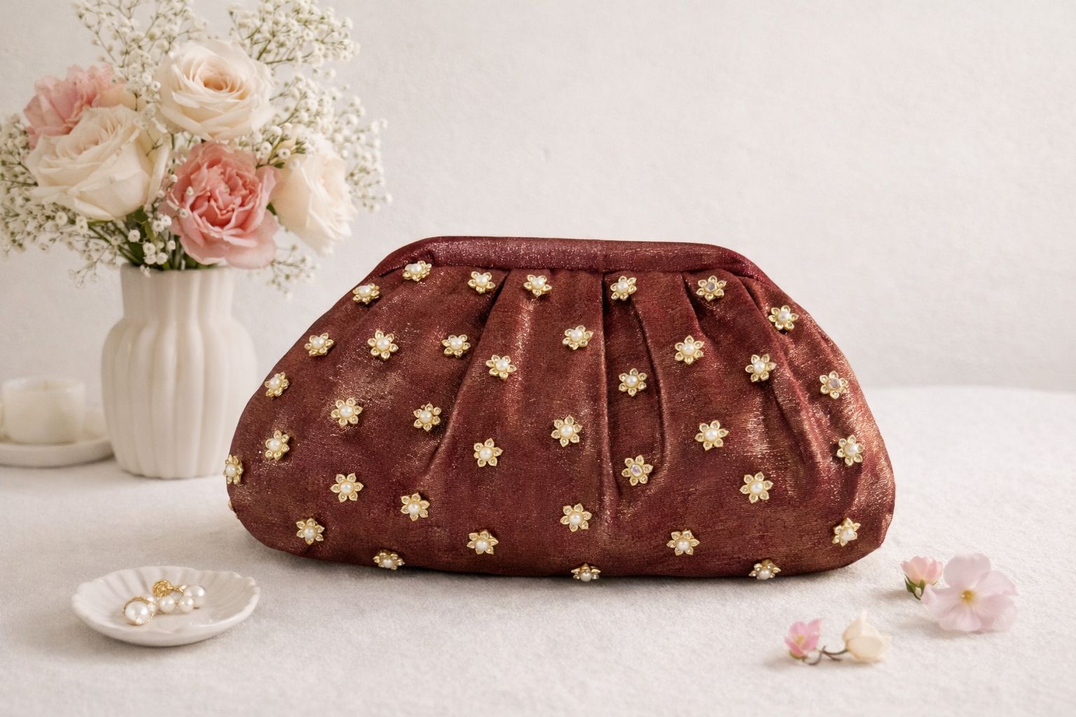Shimmer Gala Soft Silk Clutch with a Floral Handle