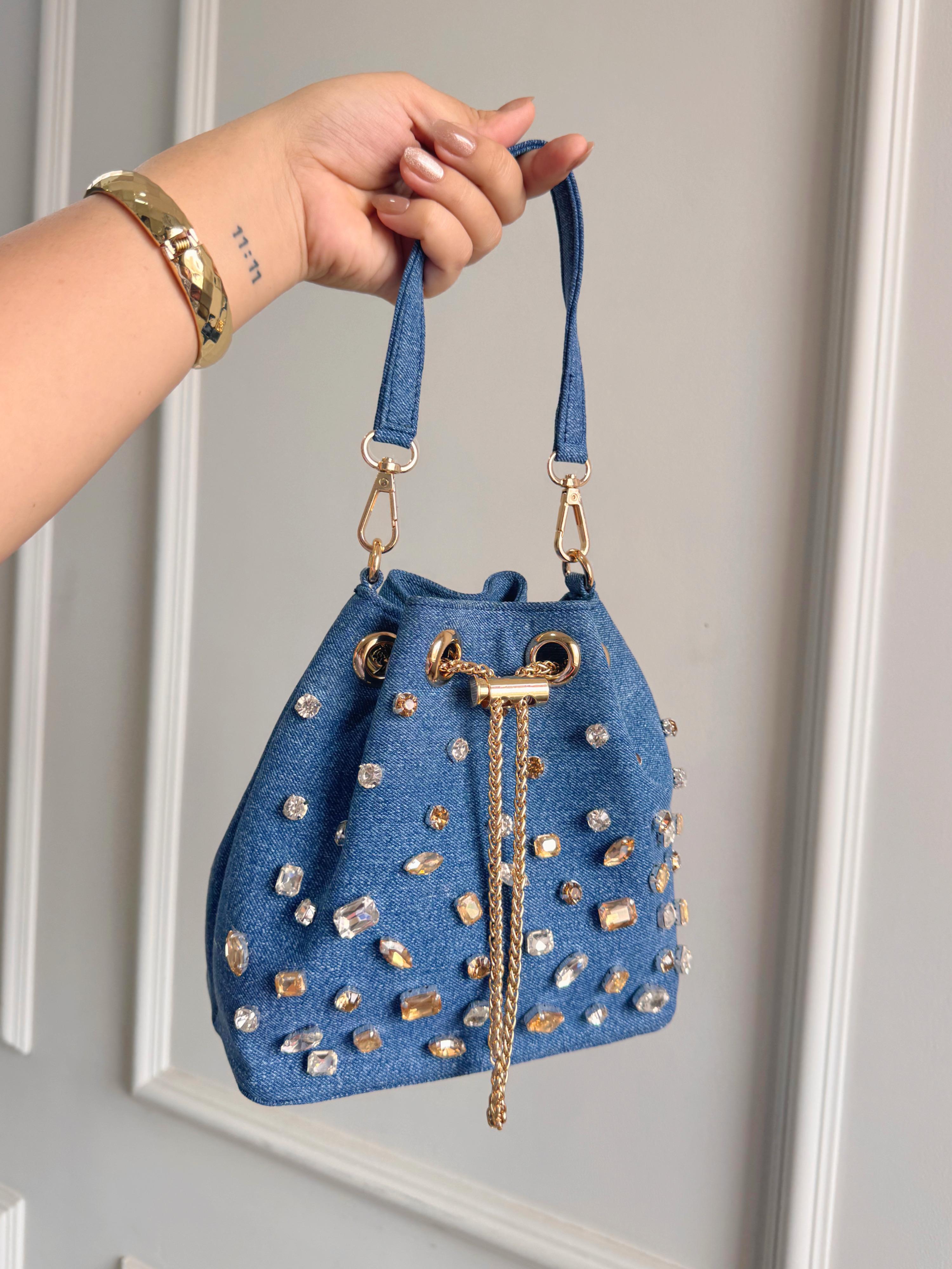 The Stella Rhinestone-Embellished Denim Bucket Bag