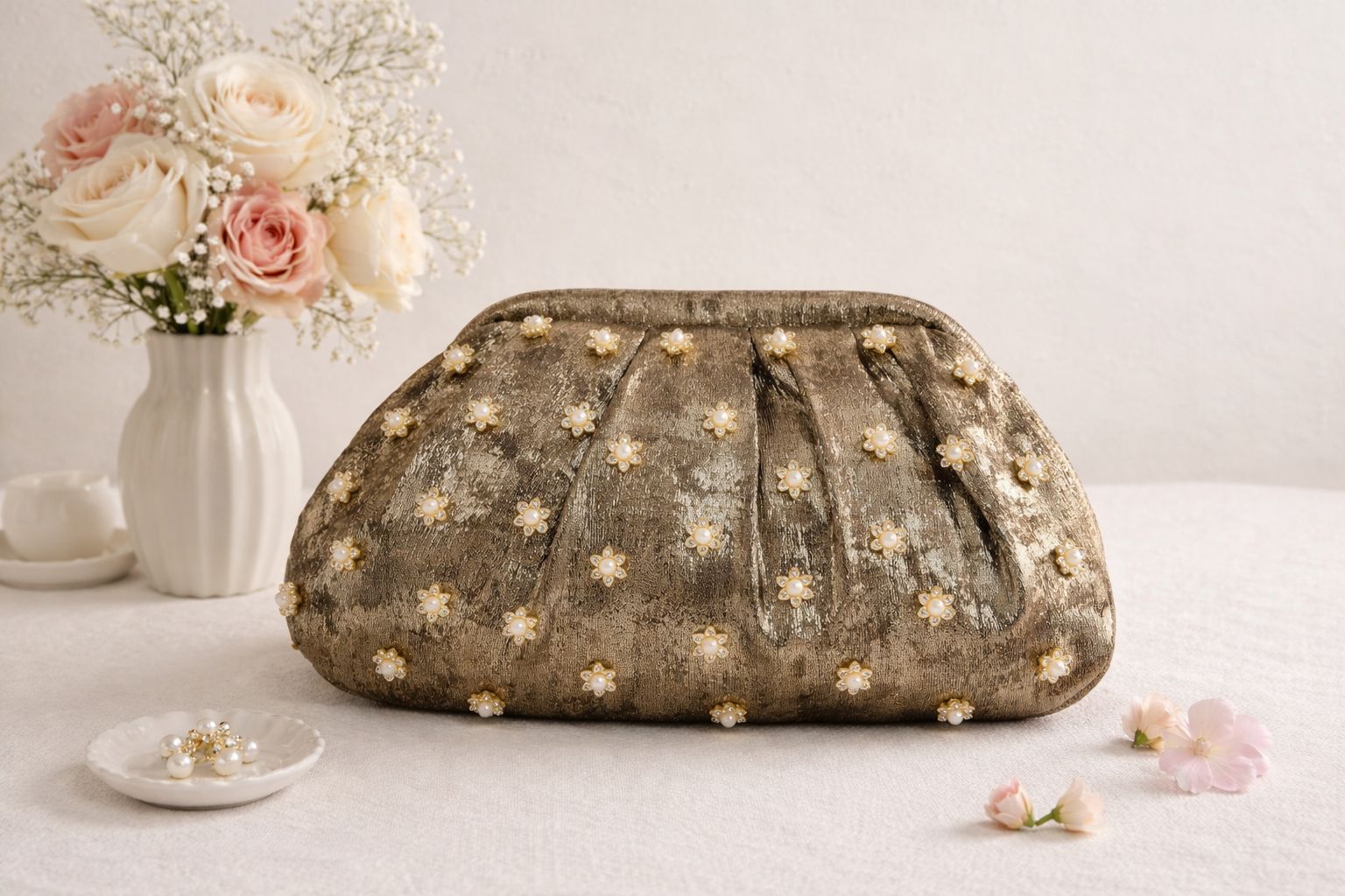 Shimmer Gala Soft Silk Clutch with a Floral Handle