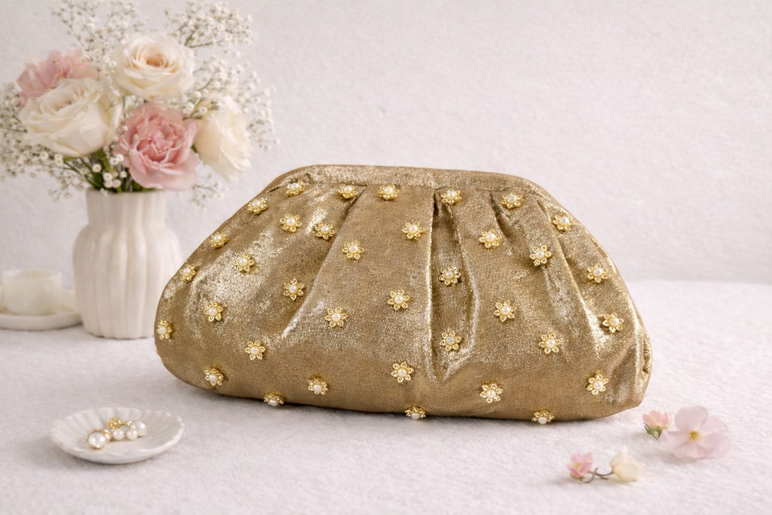 Shimmer Gala Soft Silk Clutch with a Floral Handle
