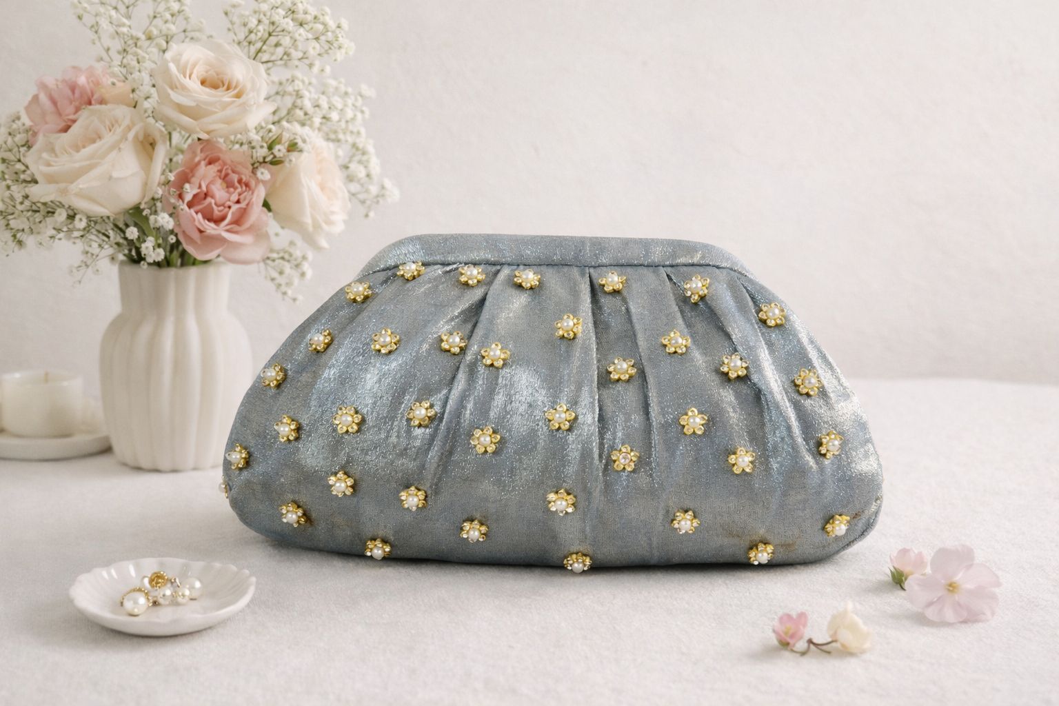 Shimmer Gala Soft Silk Clutch with a Floral Handle