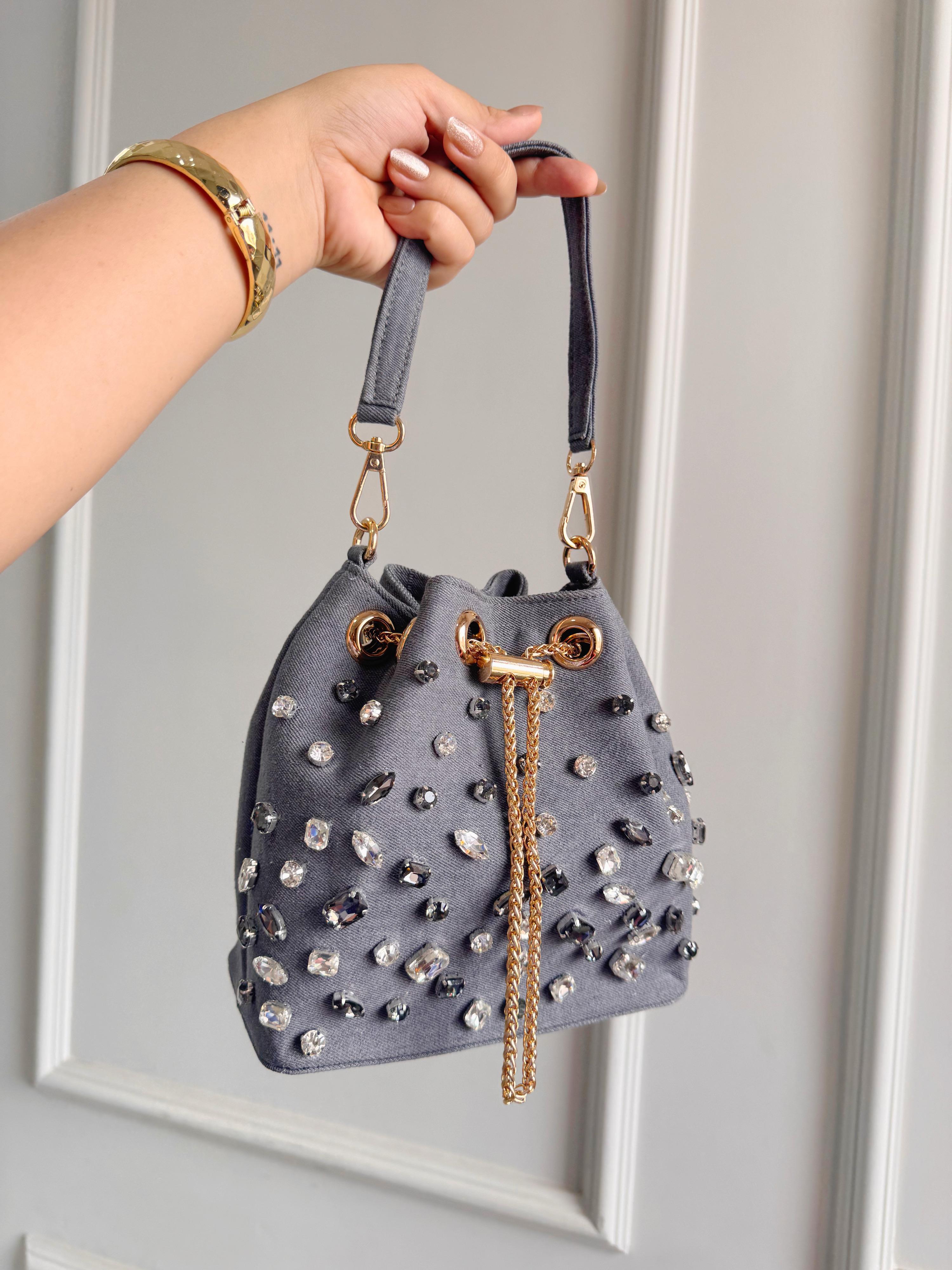 The Stella Rhinestone-Embellished Denim Bucket Bag