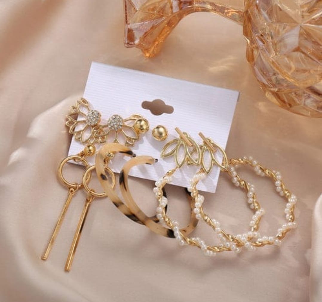 Korean Chic Golden Blossom 6-Pair Earring Set