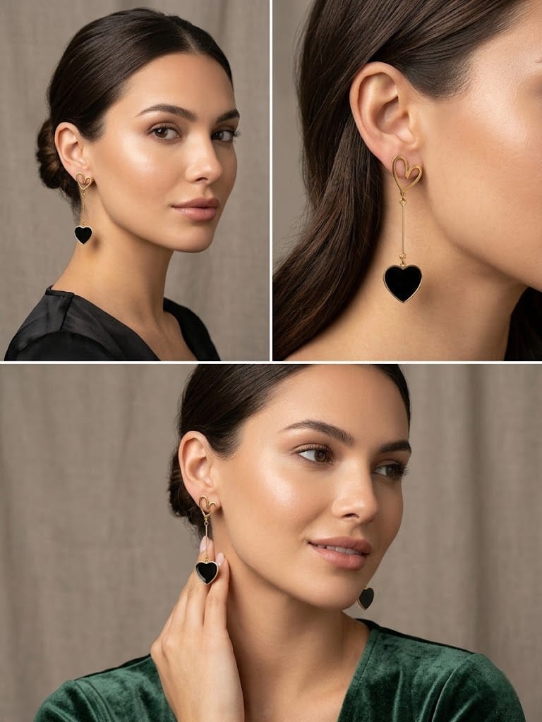 Midnight Romance - Gold & Black Enamel Heart Dangle Earrings