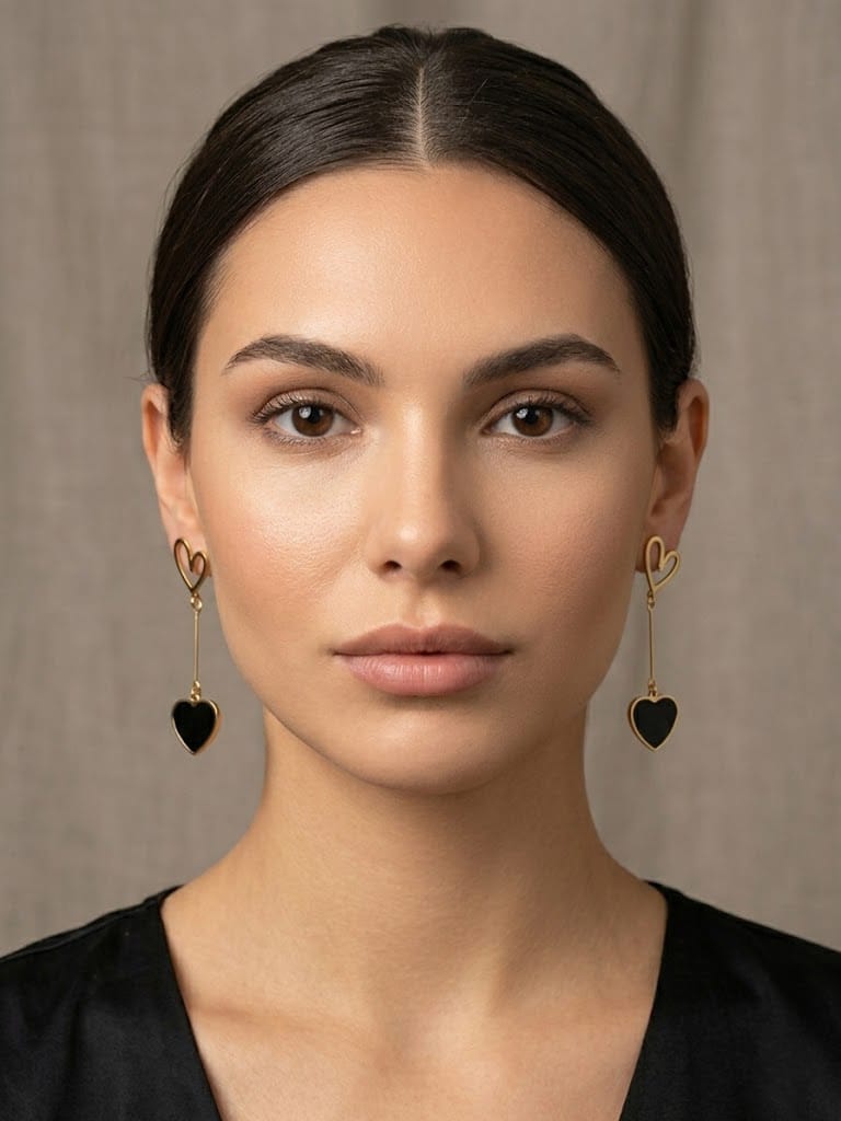 Midnight Romance - Gold & Black Enamel Heart Dangle Earrings