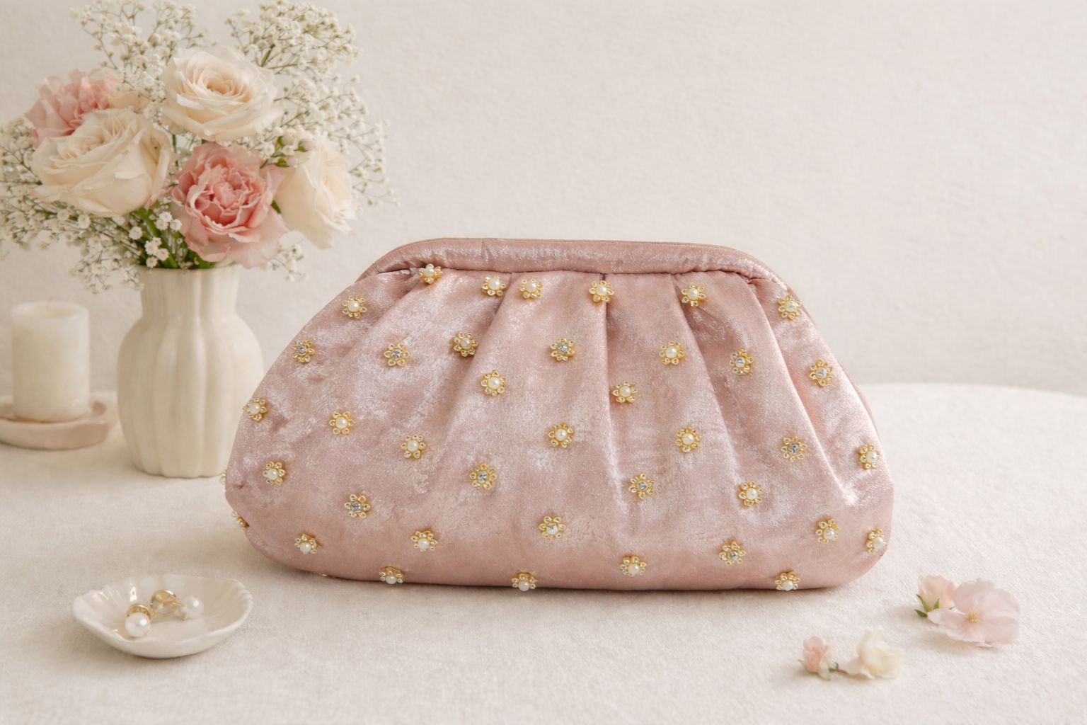 Shimmer Gala Soft Silk Clutch with a Floral Handle