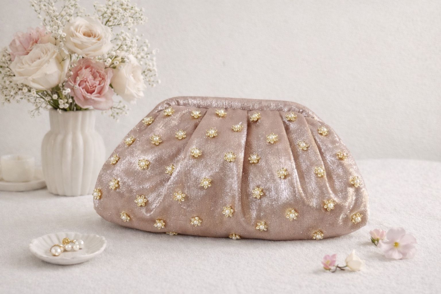 Shimmer Gala Soft Silk Clutch with a Floral Handle
