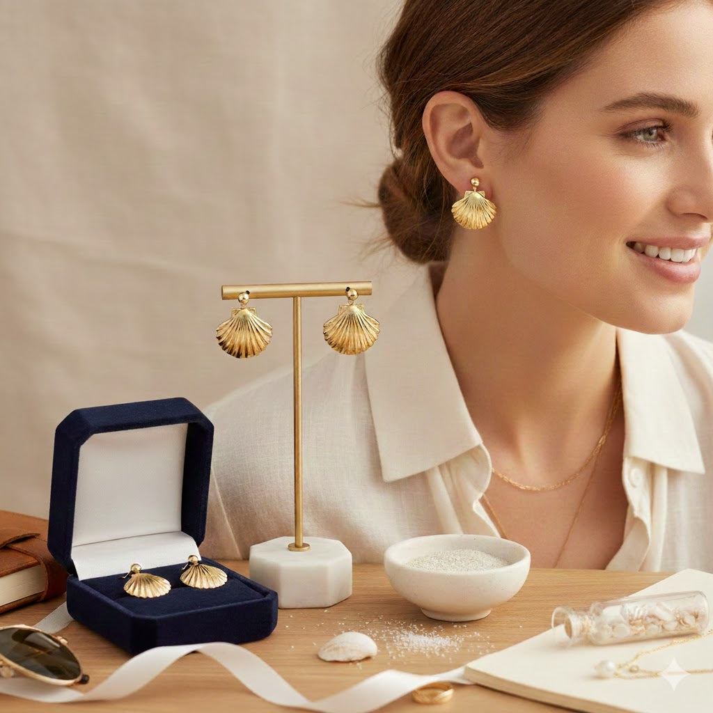 Gold-Toned Scallop Shell Drop Earrings