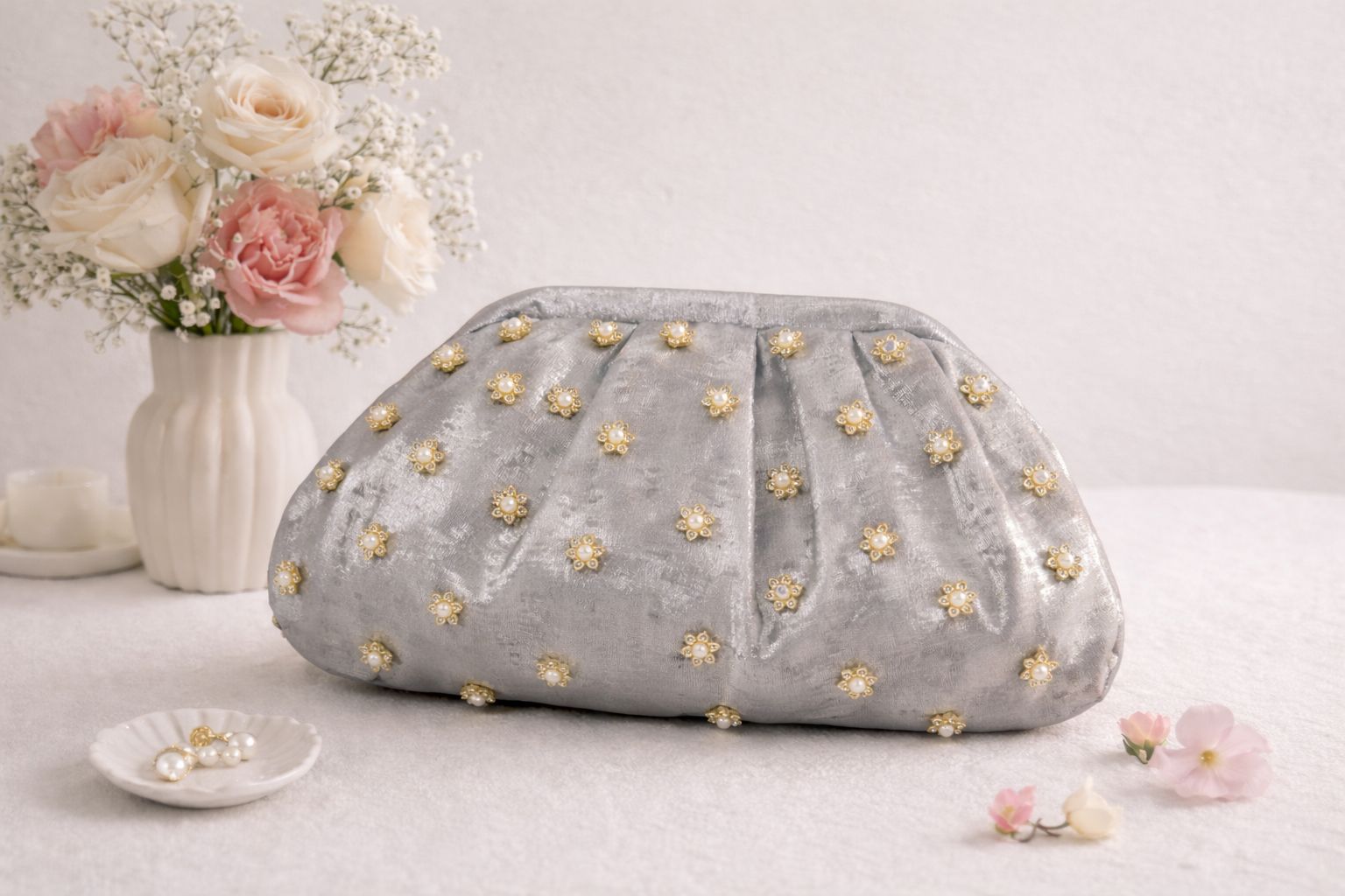 Shimmer Gala Soft Silk Clutch with a Floral Handle