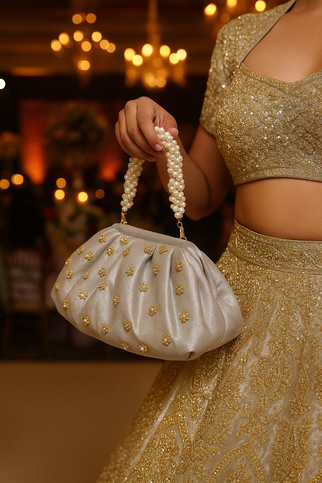 Shimmer Gala Soft Silk Clutch with a Floral Handle
