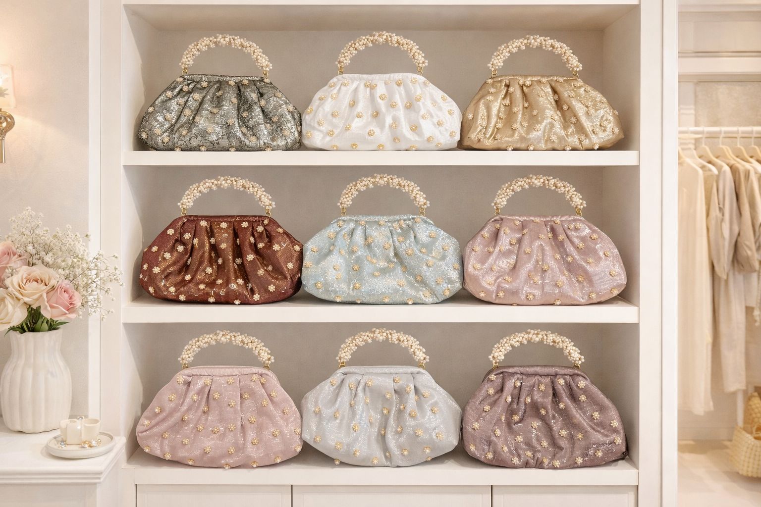 Shimmer Gala Soft Silk Clutch with a Floral Handle