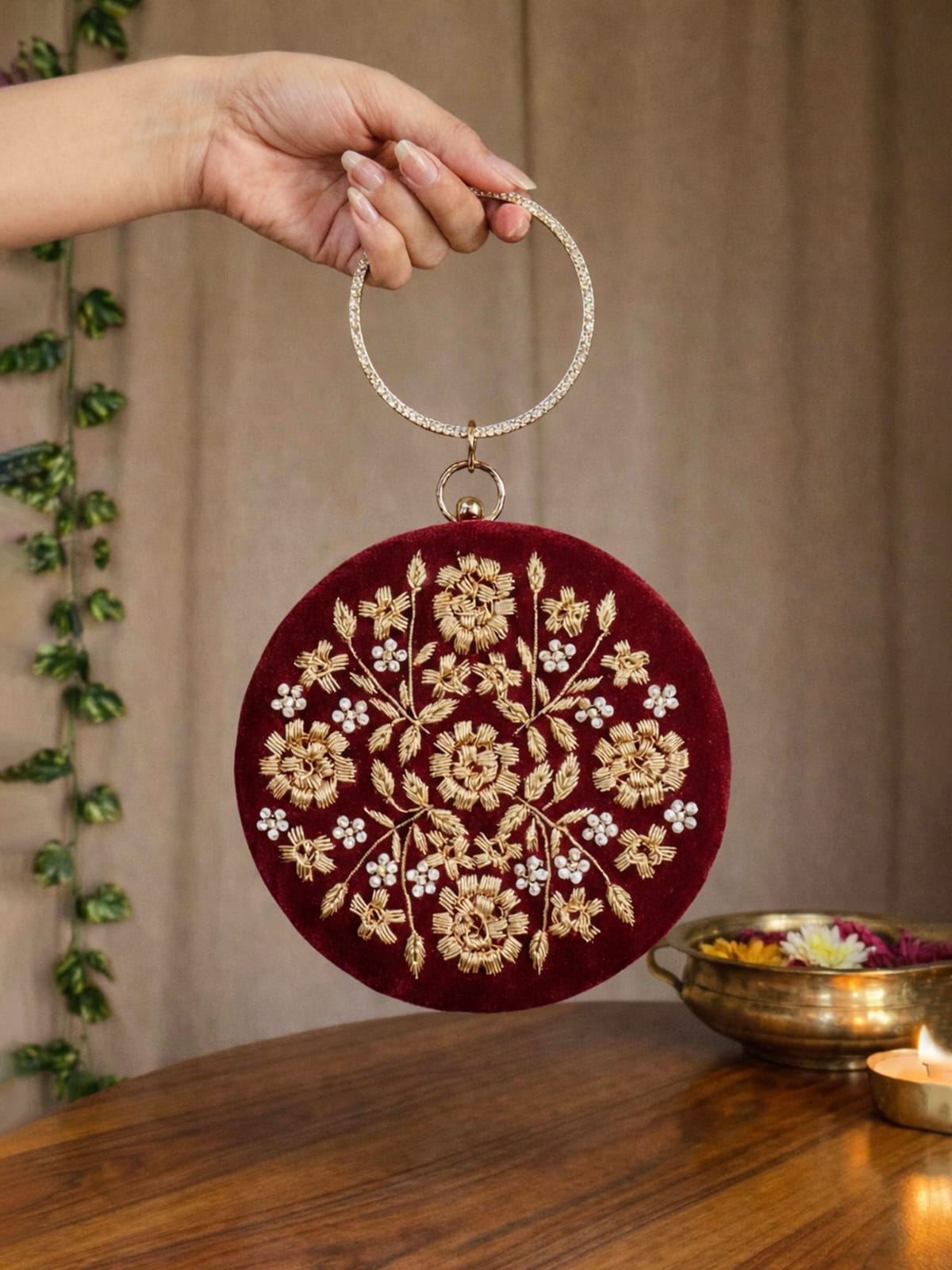 Embroidered Maroon Velvet Round Potli Bag