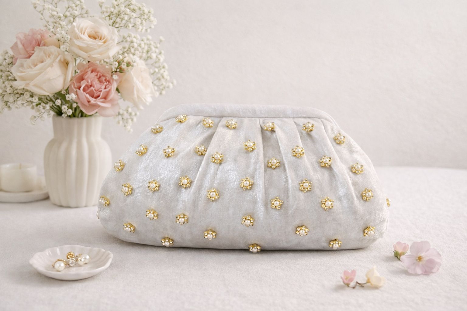 Shimmer Gala Soft Silk Clutch with a Floral Handle