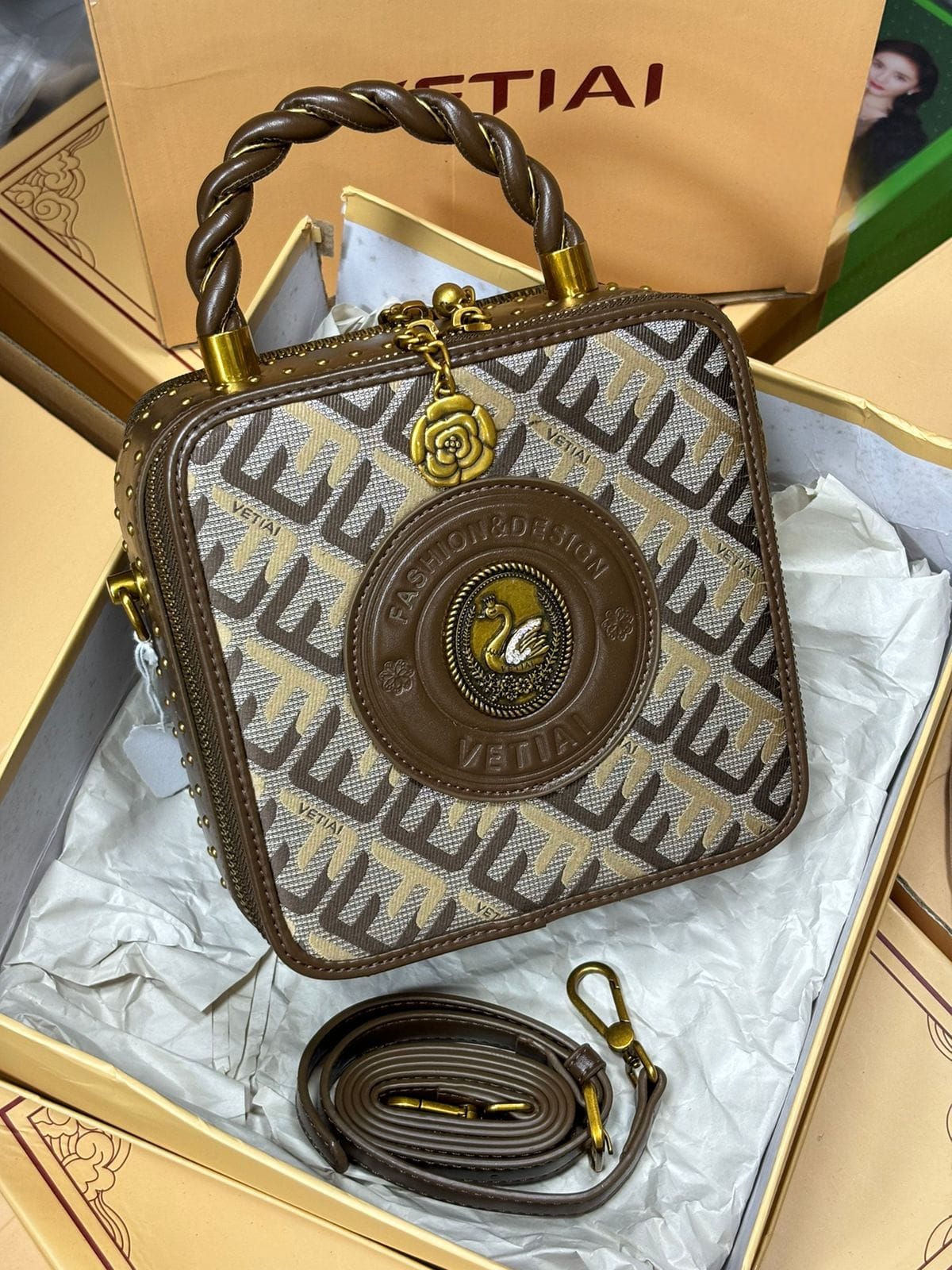 Designer Square Handbag for Women – Luxury Brown Printed Top Handle Bag with Sling Strap