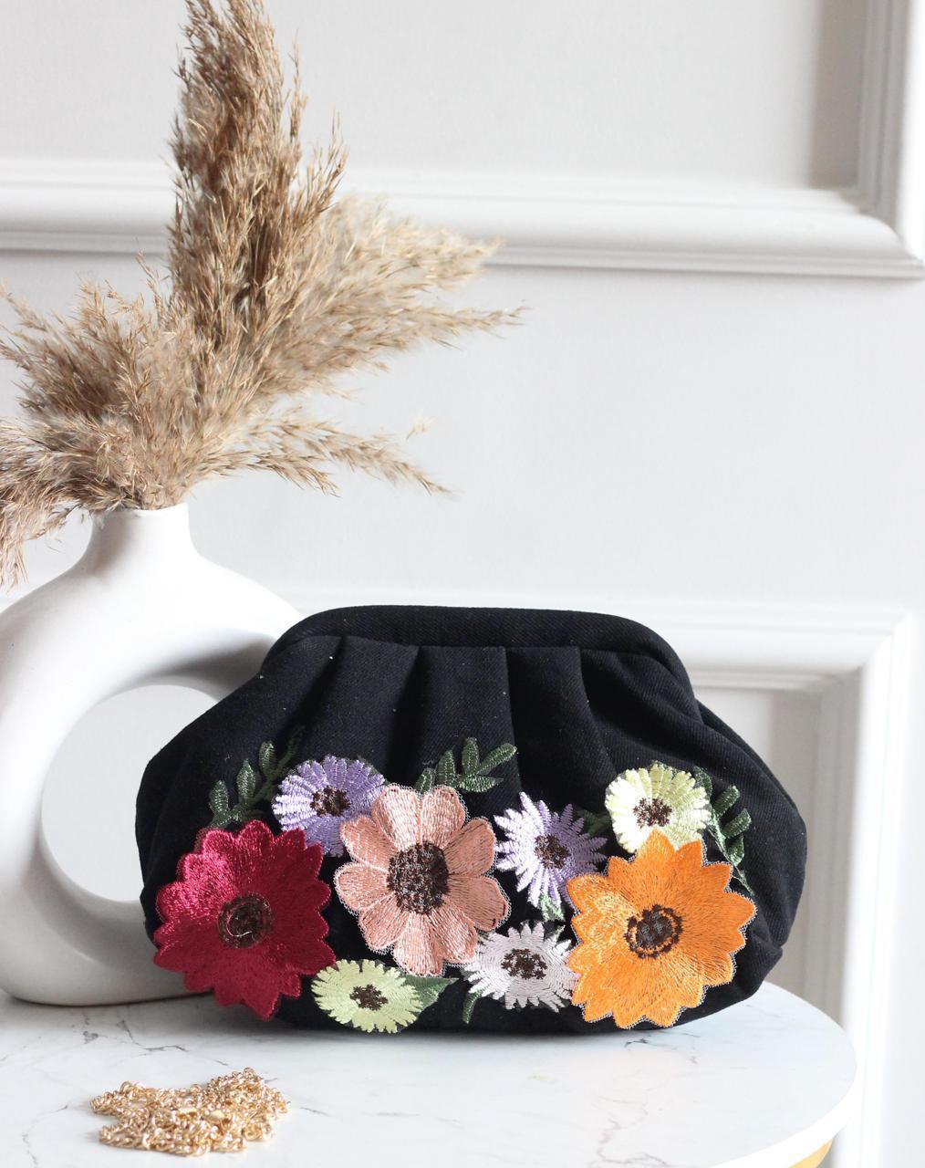 Denim Floral Embroidered Clutch – Elegant Handbag for Women | Casual & Party Wear