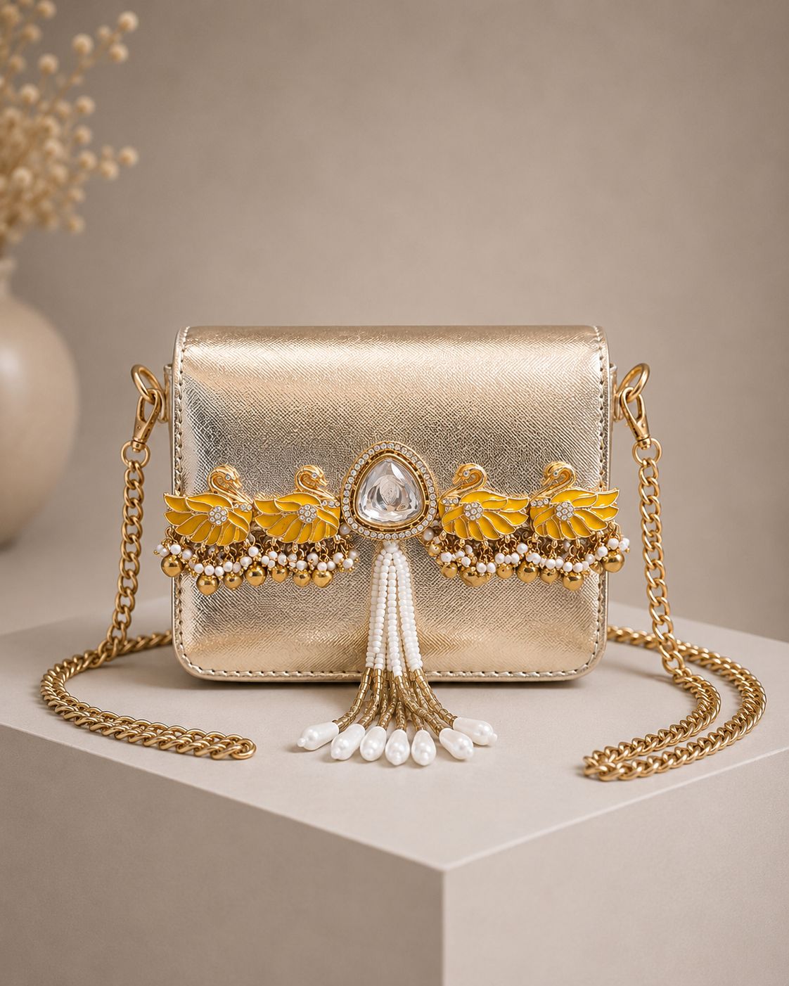 The Rajkumari Swan Metallic Mini Clutch Bag with Sling Chain