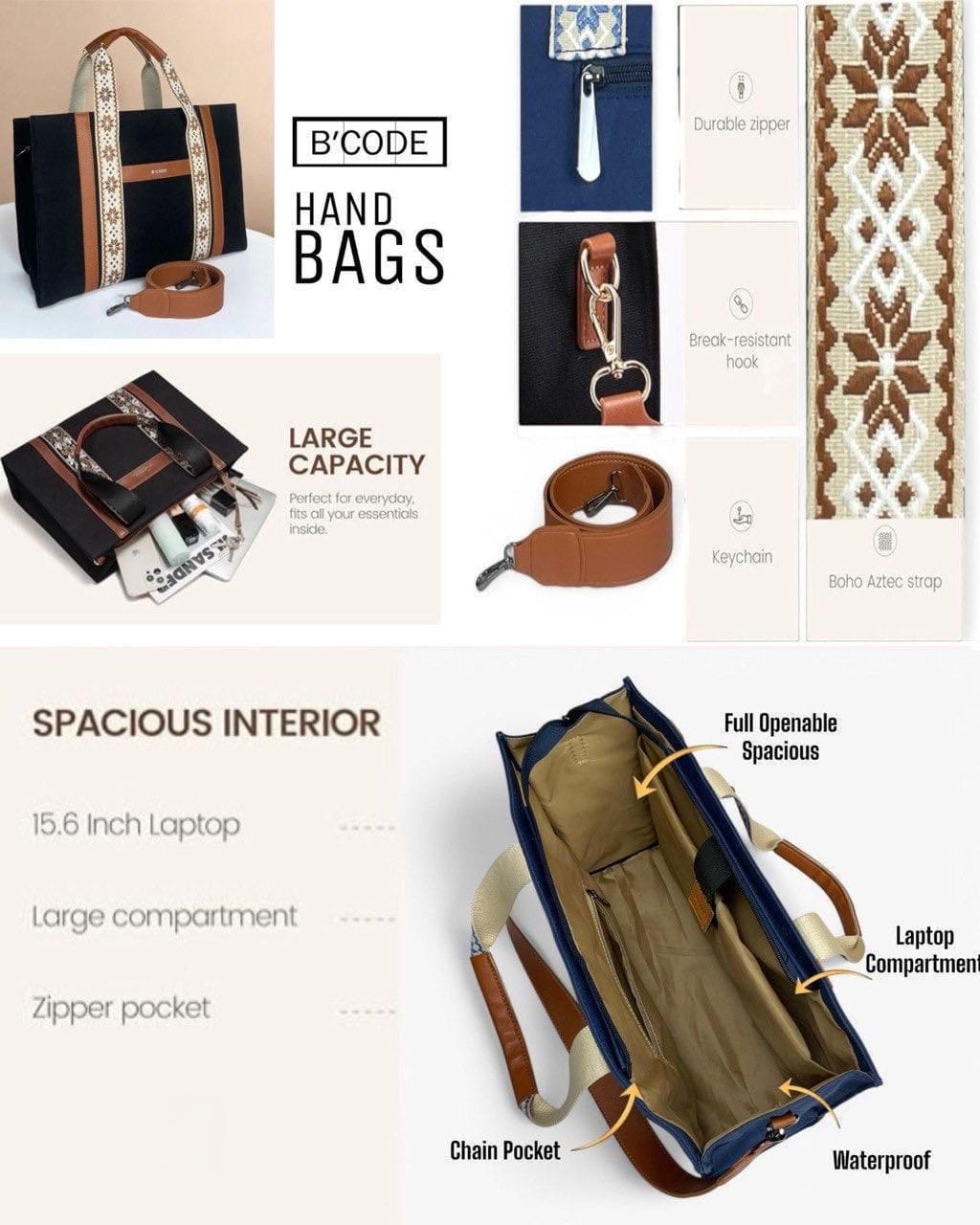 B’Code Multipurpose Handbag with Laptop Compartment – Boho Strap Design