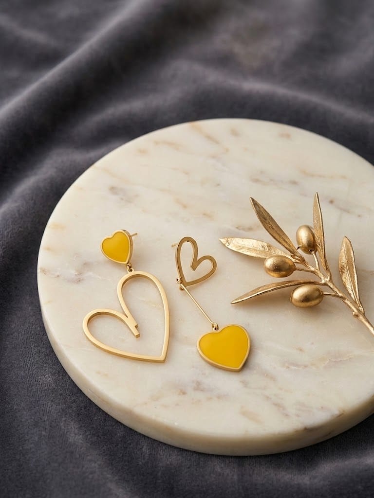 Asymmetric Gold Heart Earrings with Vibrant Yellow Accents