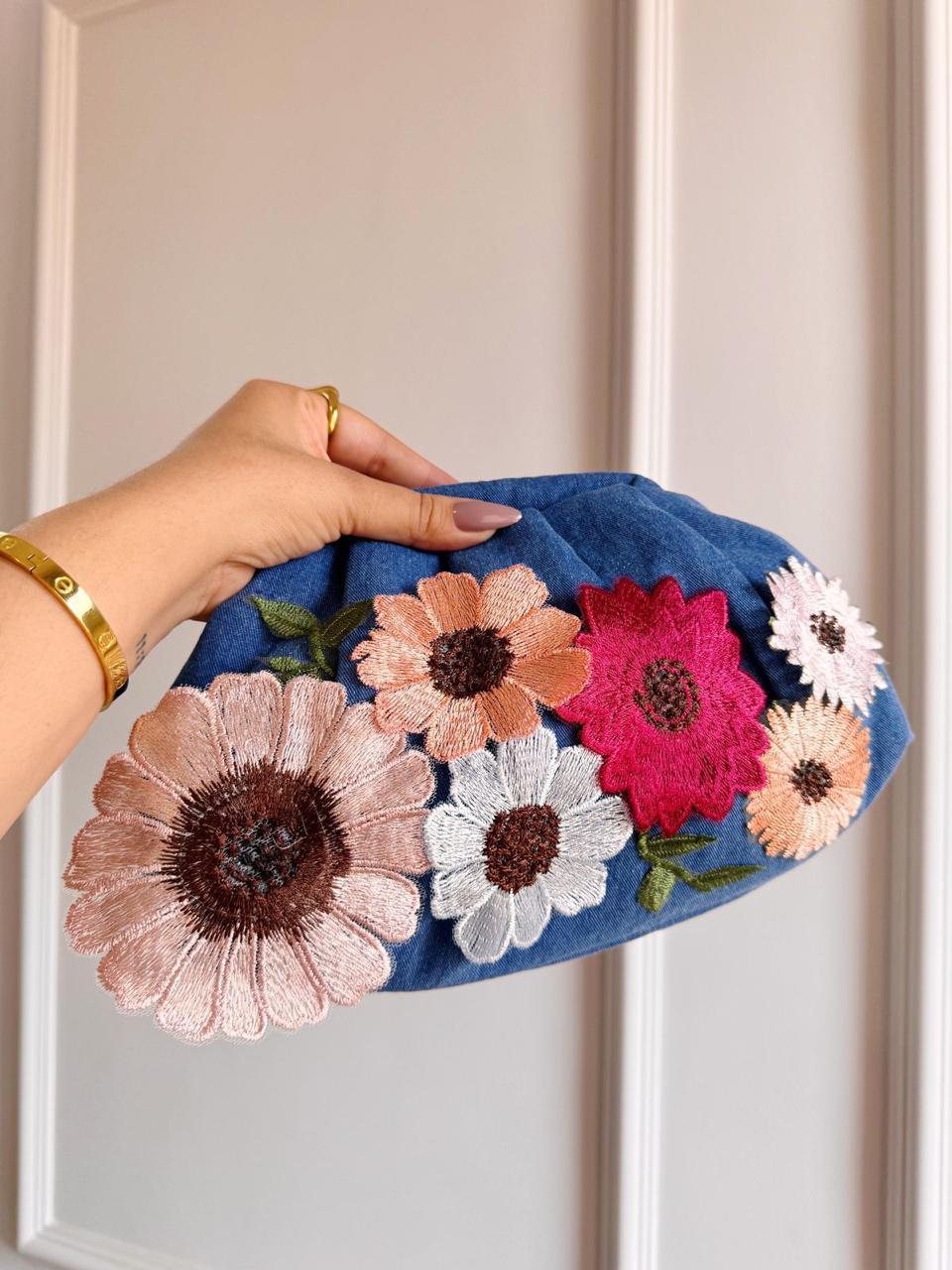 Denim Floral Embroidered Clutch – Elegant Handbag for Women | Casual & Party Wear
