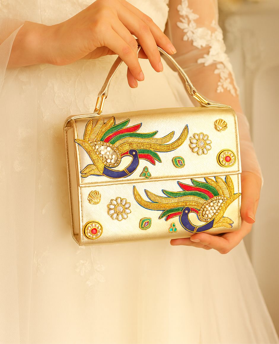 Imperial Peacock Metallic Gold Structured Flap Bag