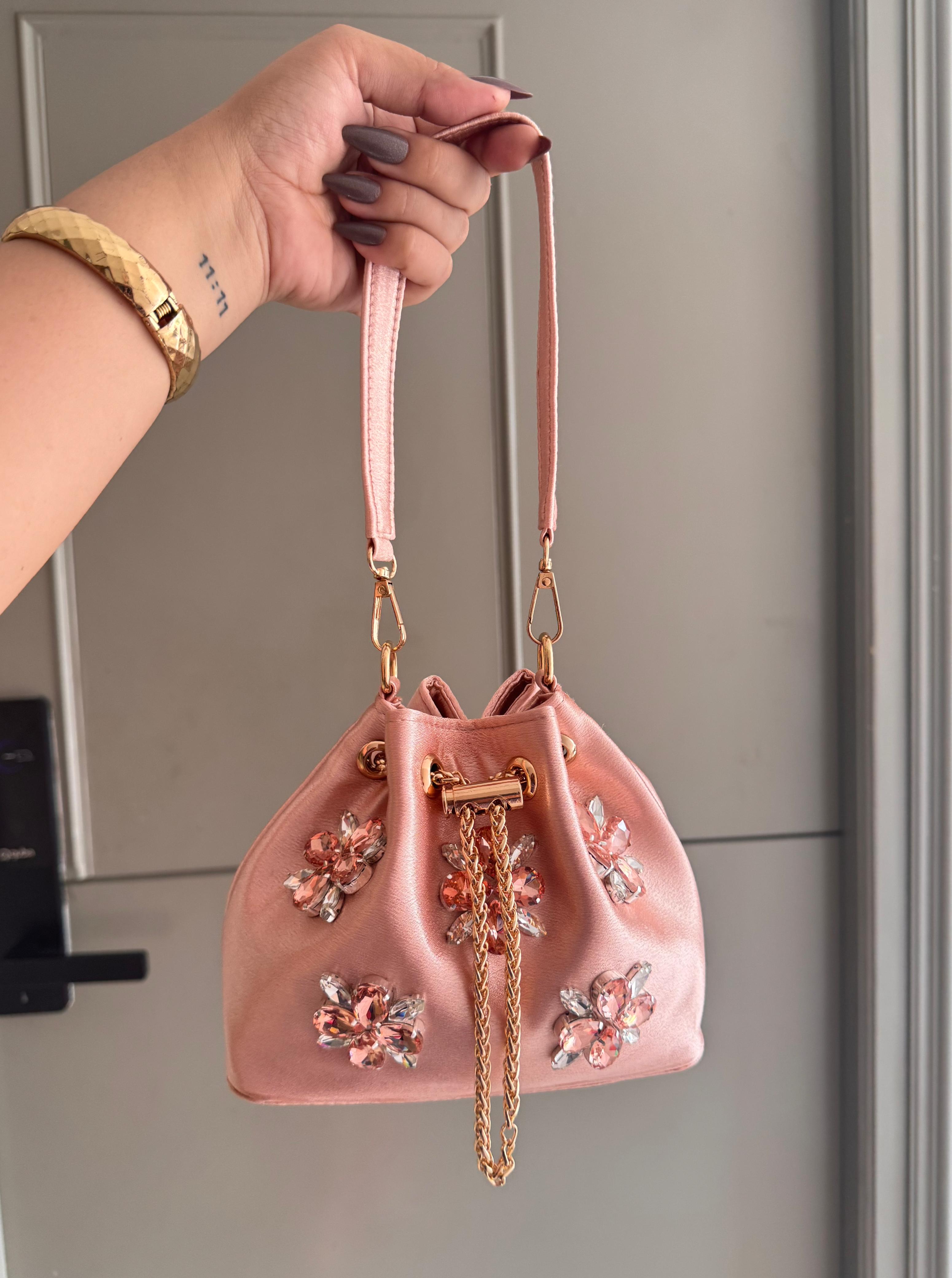 Embellished Satin Potli Bags with Crystal Floral Work