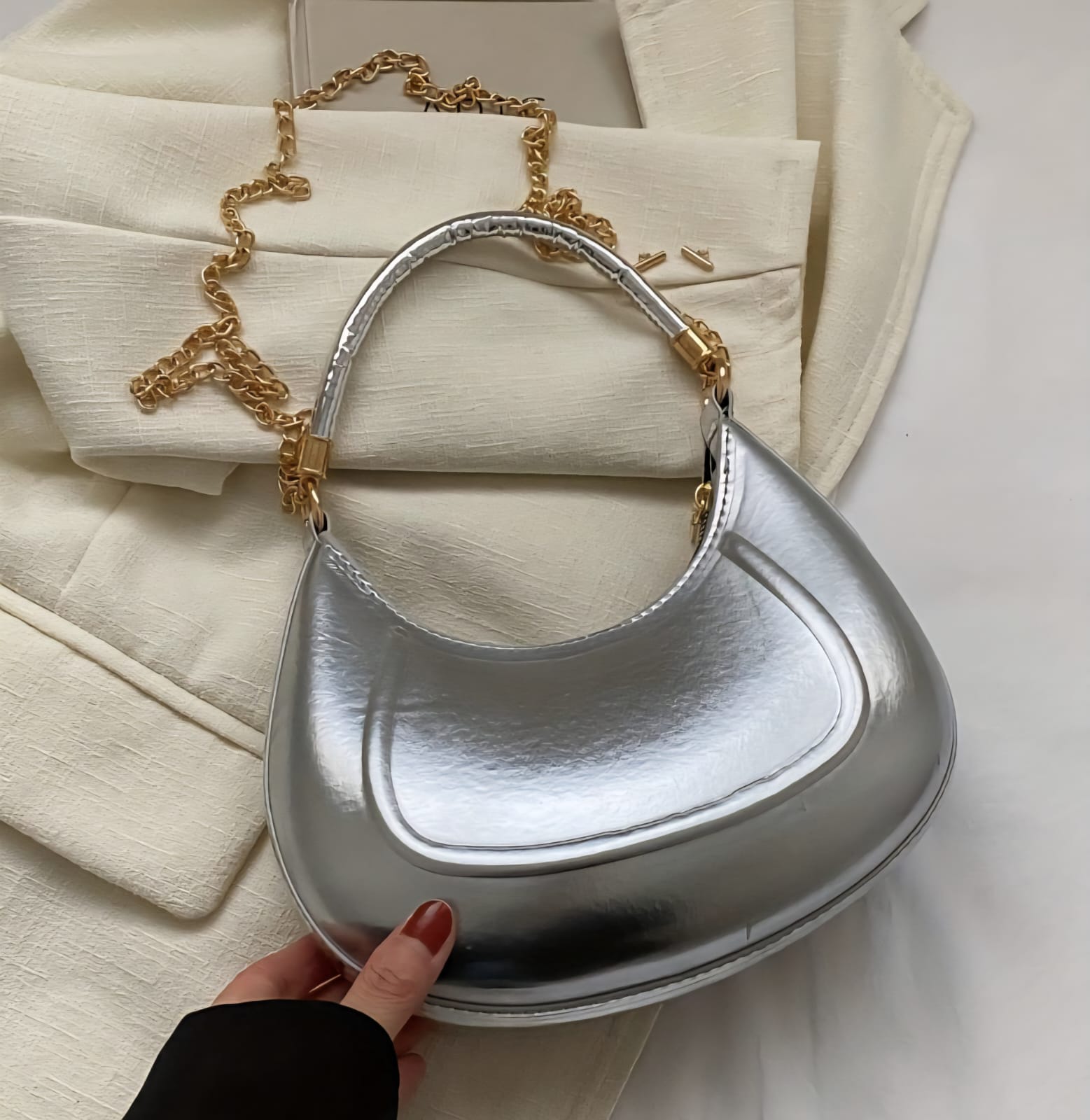 New Crescent Metallic Hobo Sling Bags with Short Handle