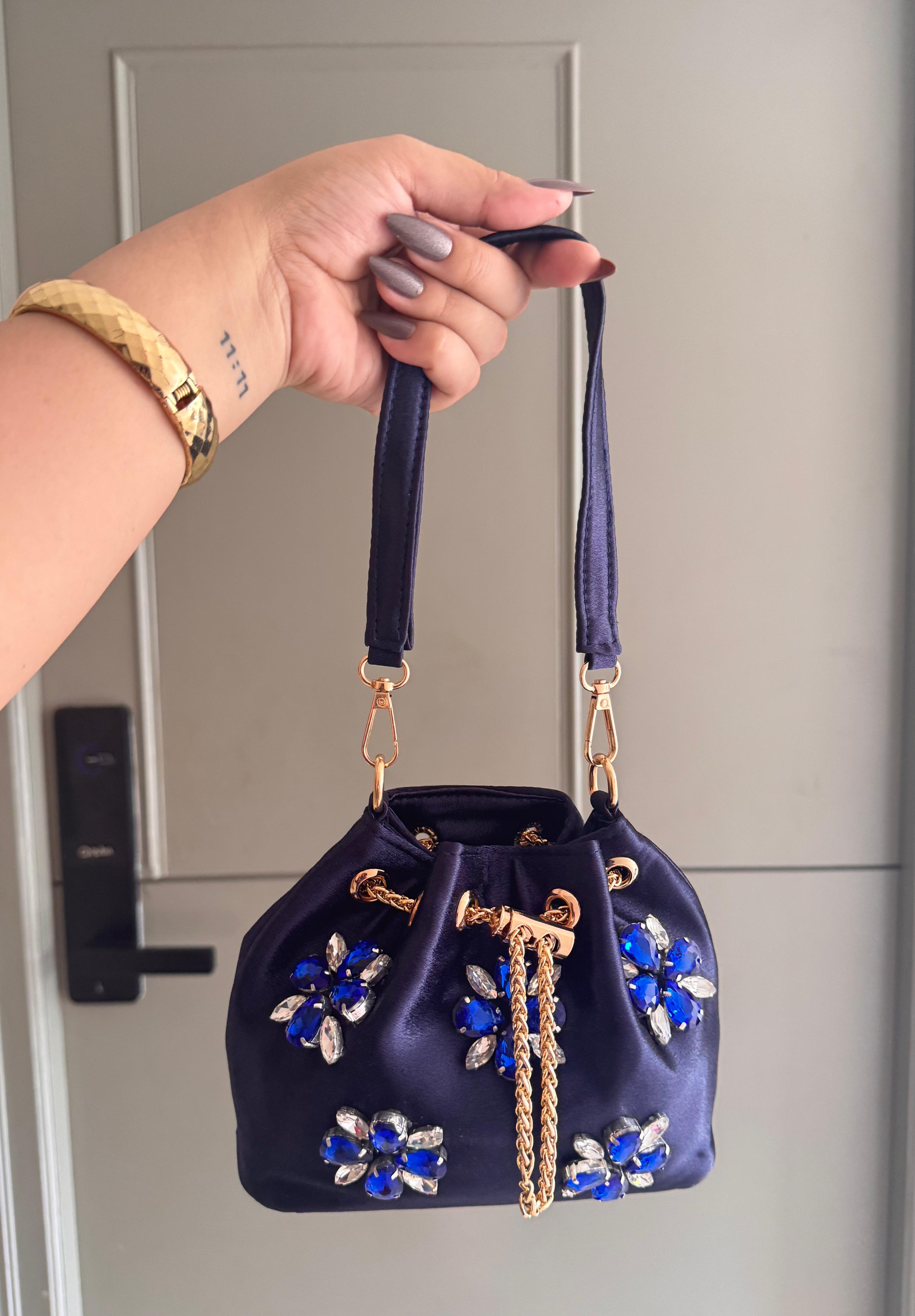 Embellished Satin Potli Bags with Crystal Floral Work