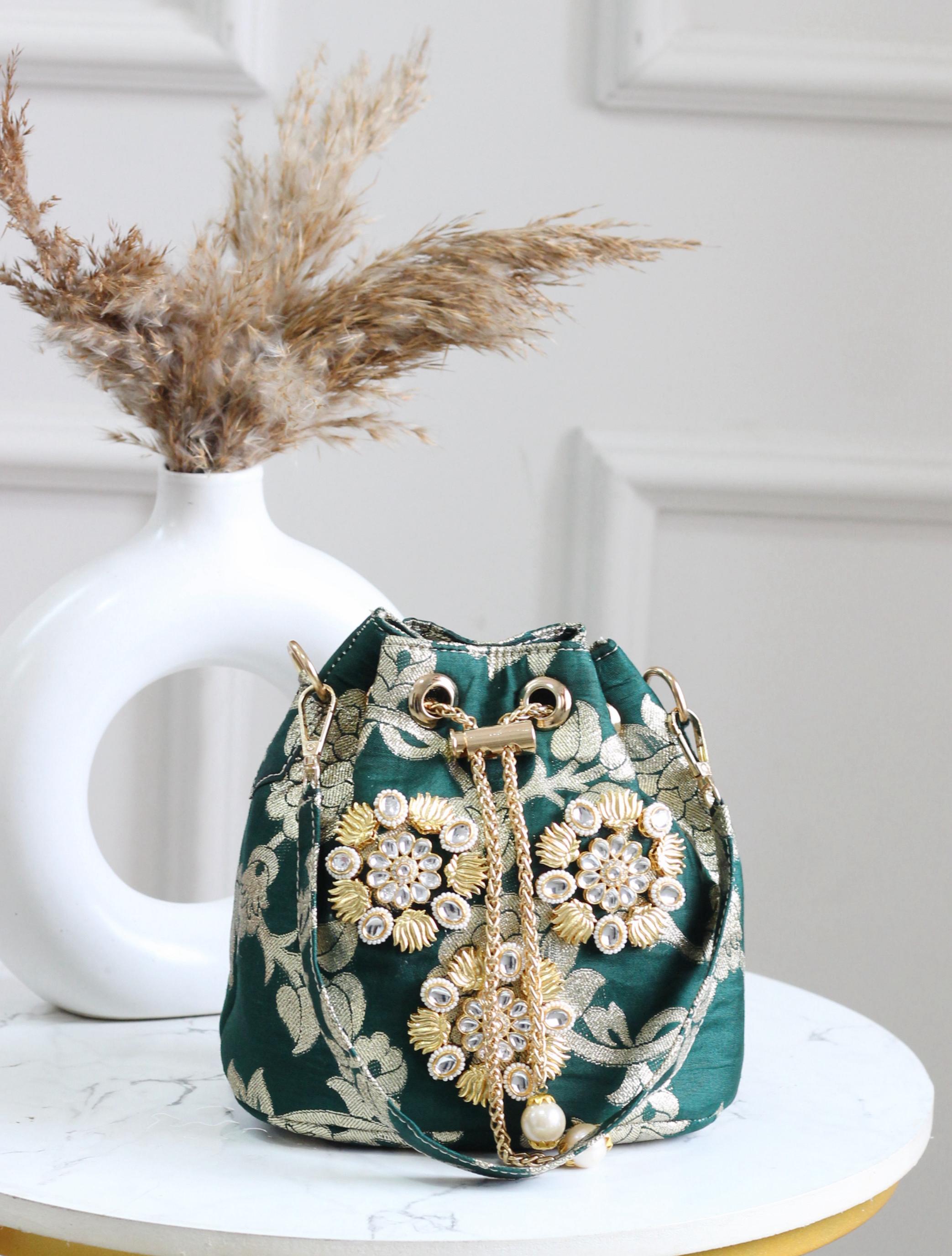 Banarasi Phool Embroidered Potli Bags – Traditional Drawstring Handbags with Golden Zari & Beadwork (Set of Colors)