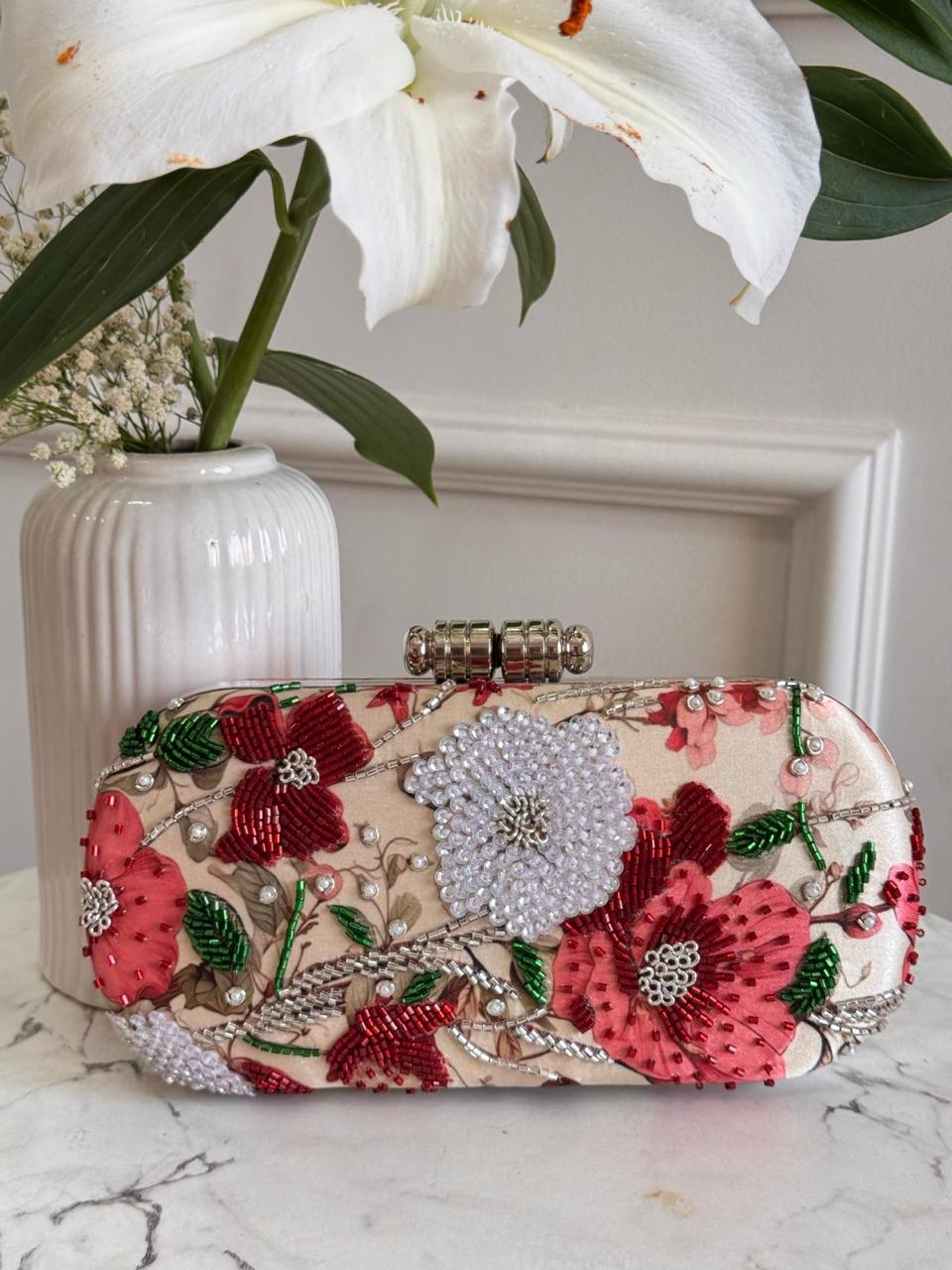 Crimson Floral Embroidered Evening Clutch