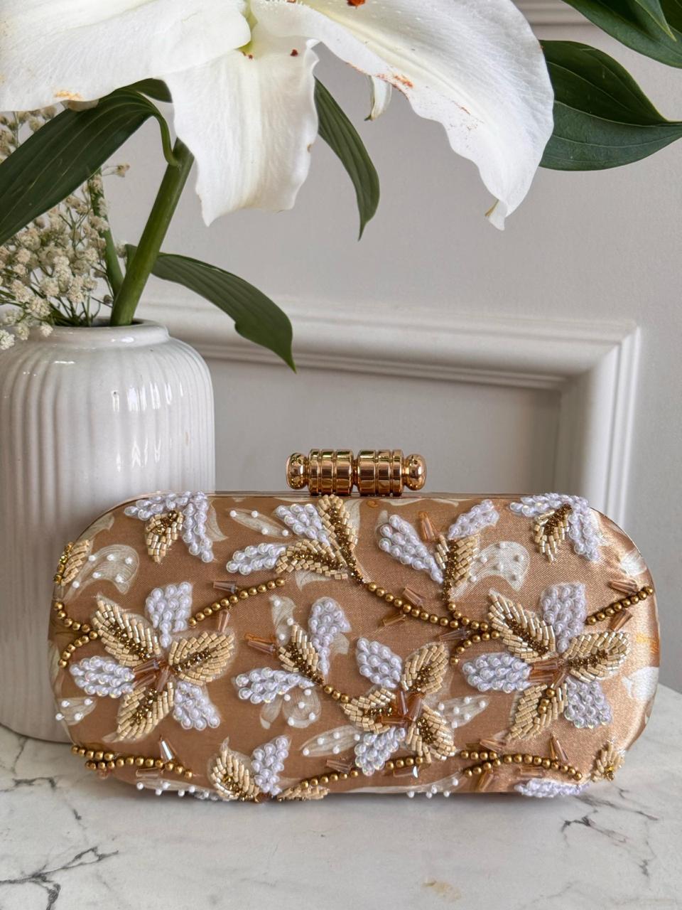 Champagne Floral Embroidered Evening Clutch