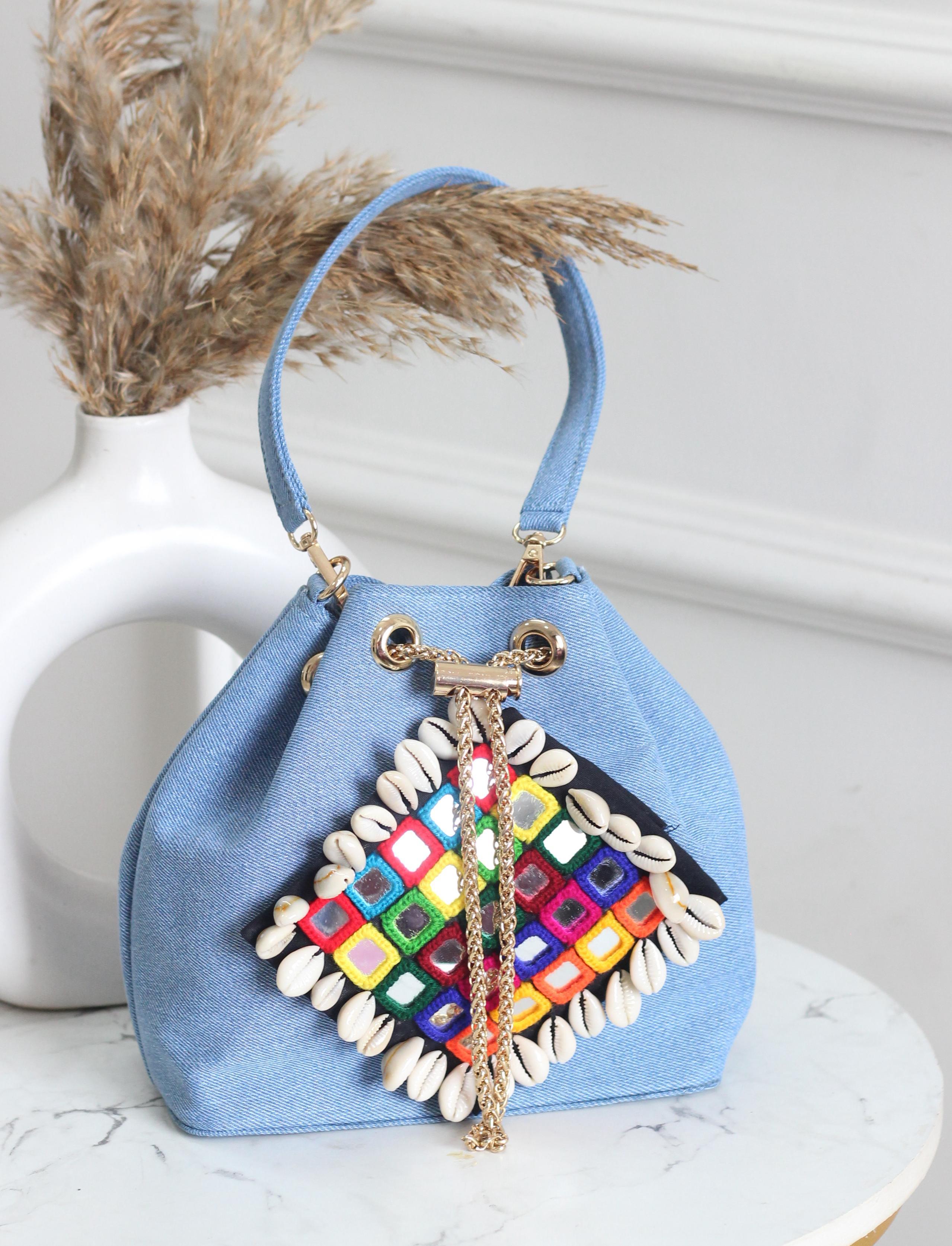 Boho-Chic Denim Bucket Bags with Shell & Mirror Work Embellishments