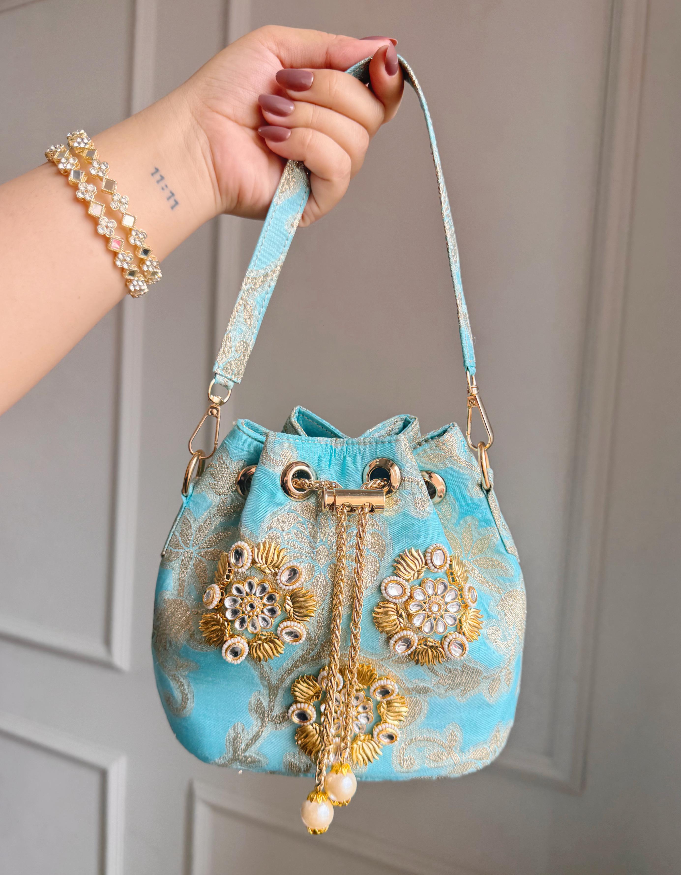 Banarasi Phool Embroidered Potli Bags – Traditional Drawstring Handbags with Golden Zari & Beadwork (Set of Colors)