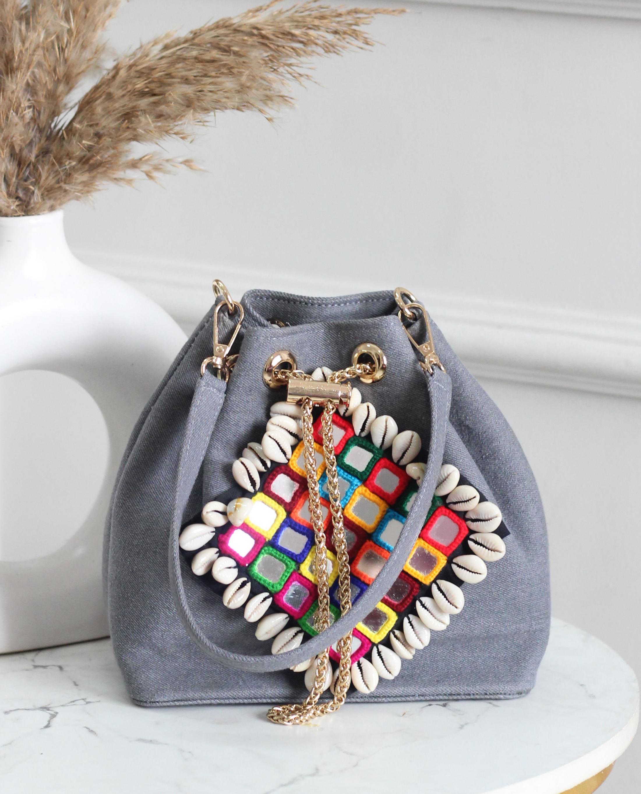 Boho-Chic Denim Bucket Bags with Shell & Mirror Work Embellishments
