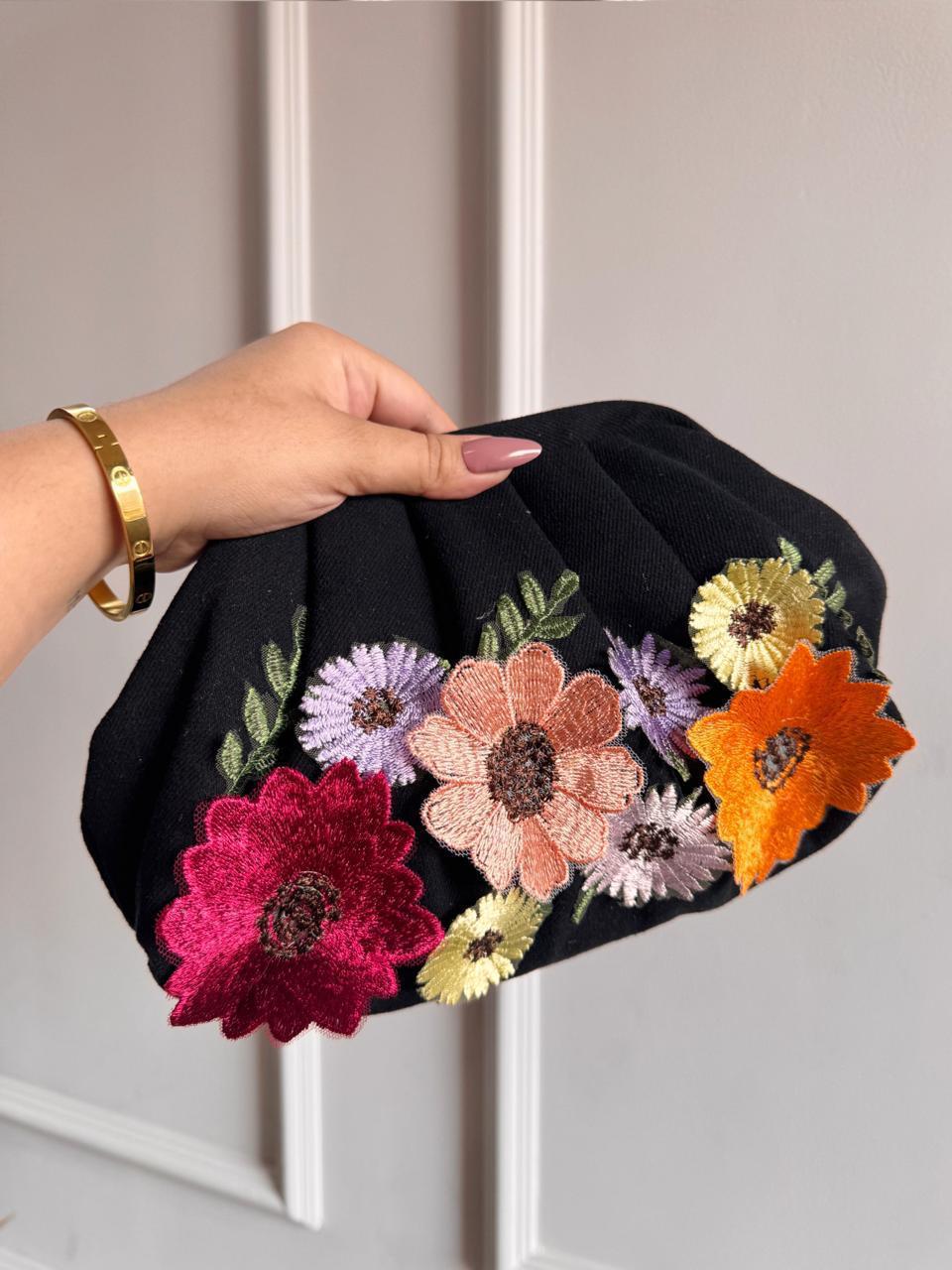 Denim Floral Embroidered Clutch – Elegant Handbag for Women | Casual & Party Wear