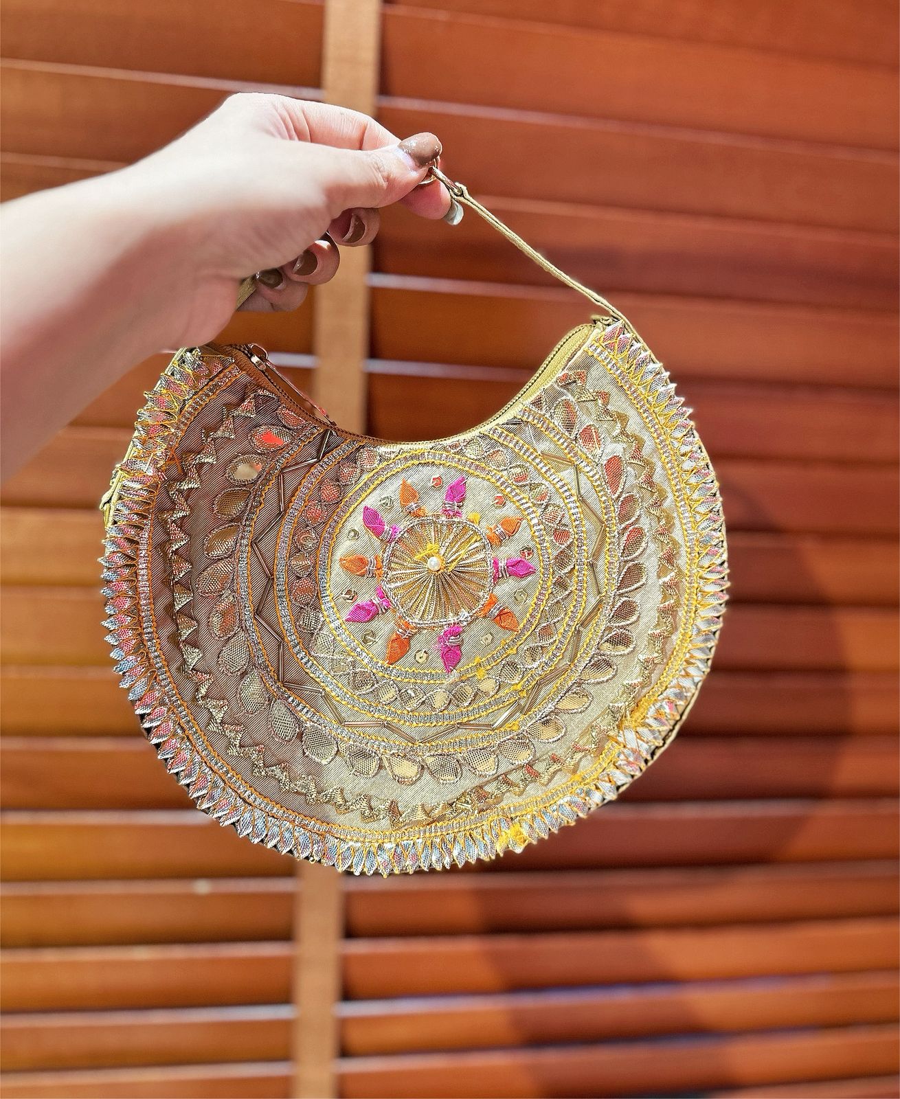The Tribal Raw Silk Beaded Crescent Bag