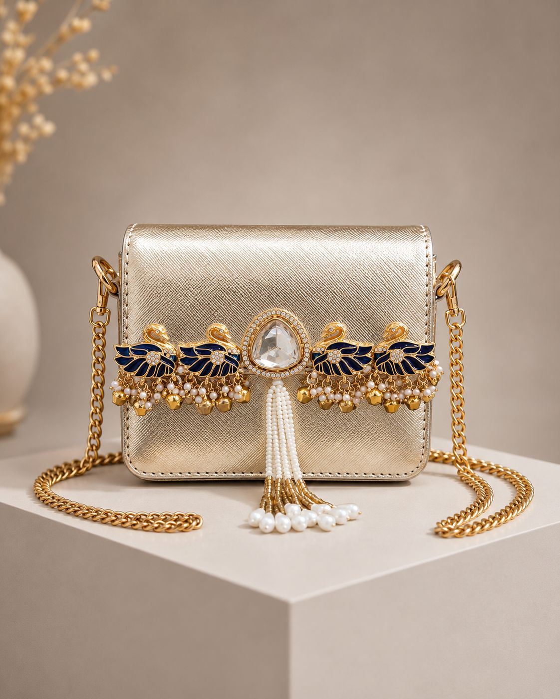 The Rajkumari Swan Metallic Mini Clutch Bag with Sling Chain