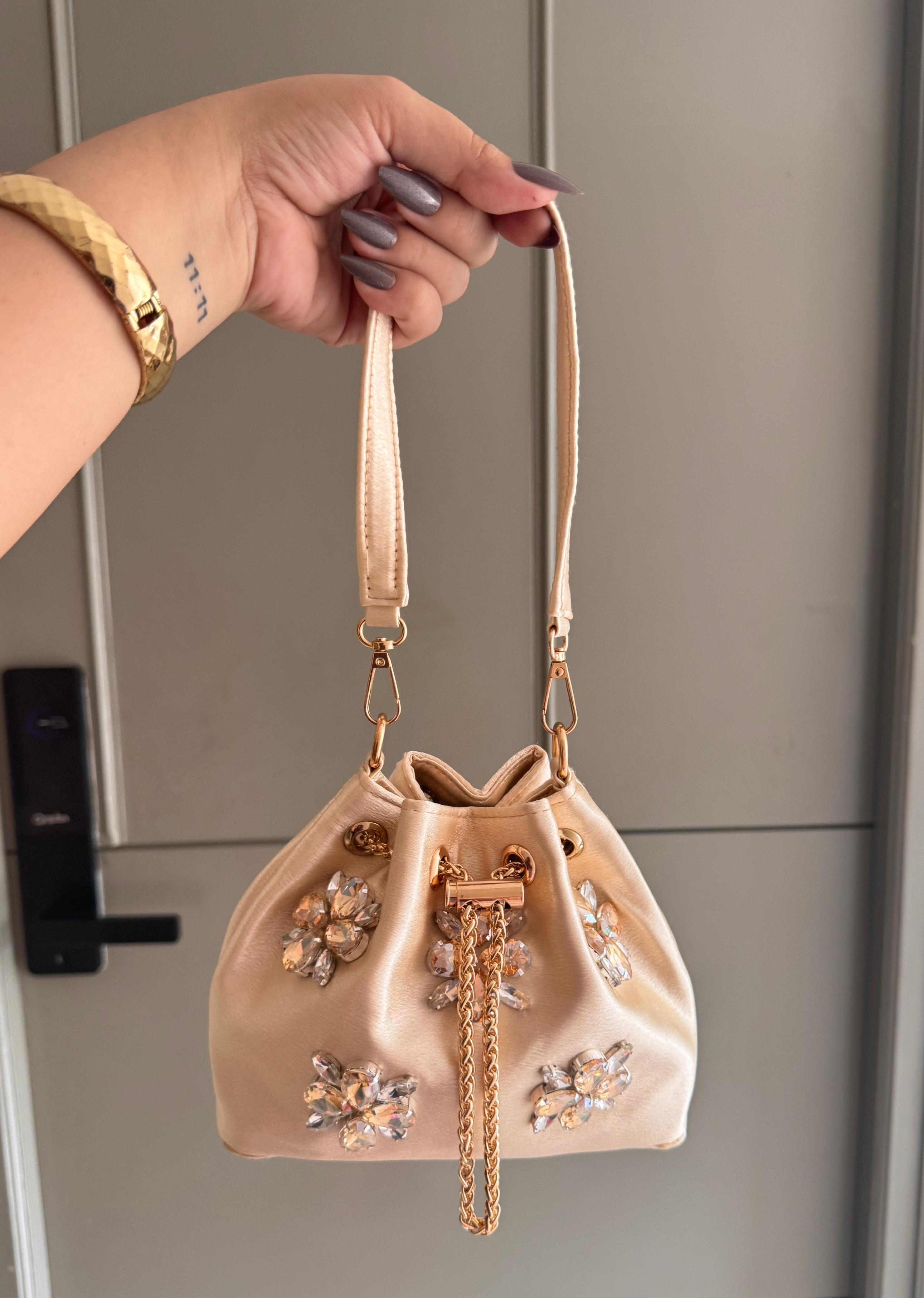 Embellished Satin Potli Bags with Crystal Floral Work
