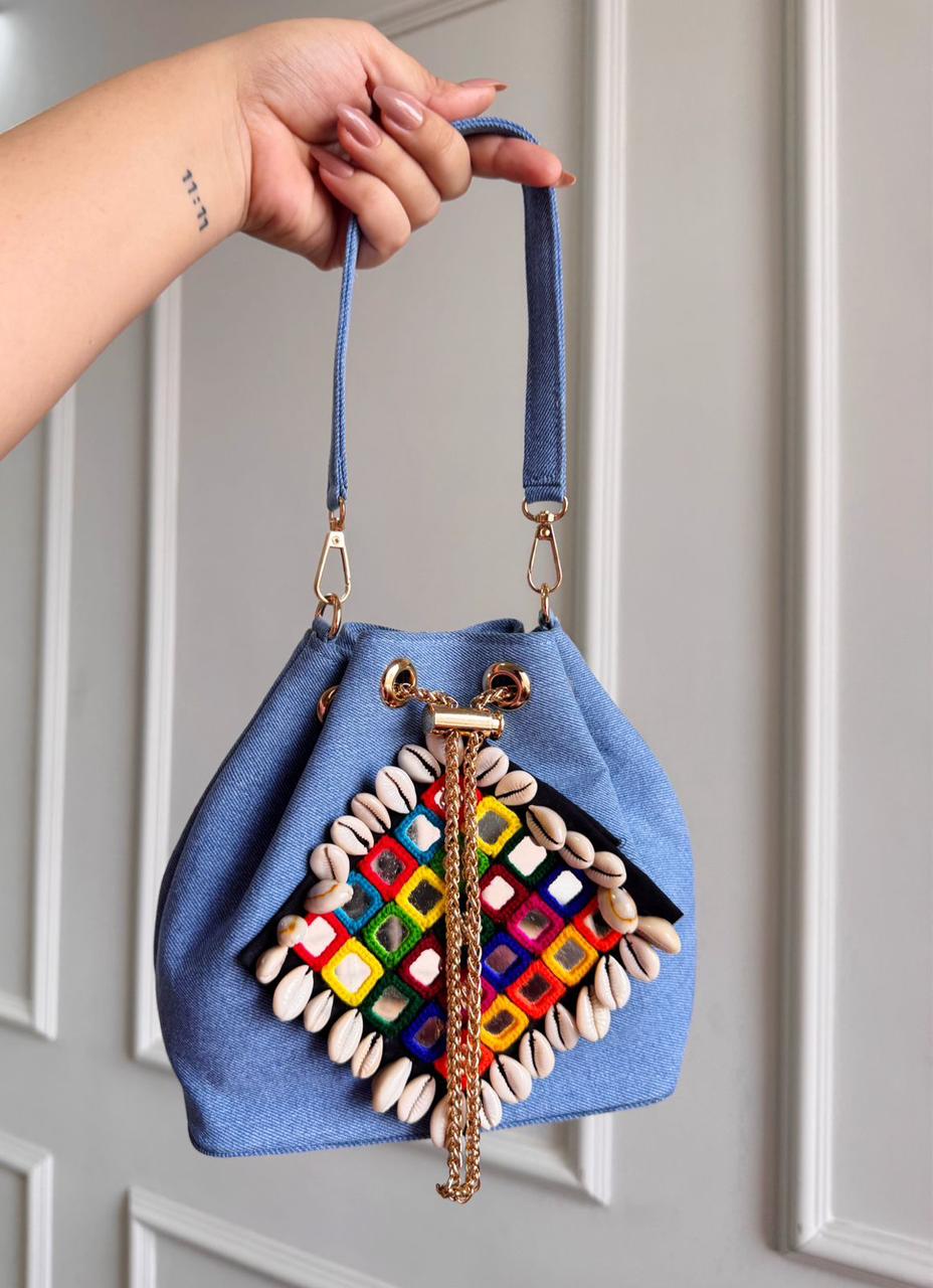 Boho-Chic Denim Bucket Bags with Shell & Mirror Work Embellishments