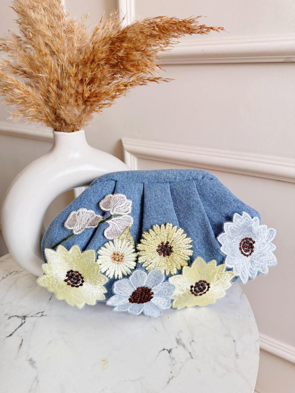 Denim Floral Embroidered Clutch – Elegant Handbag for Women | Casual & Party Wear