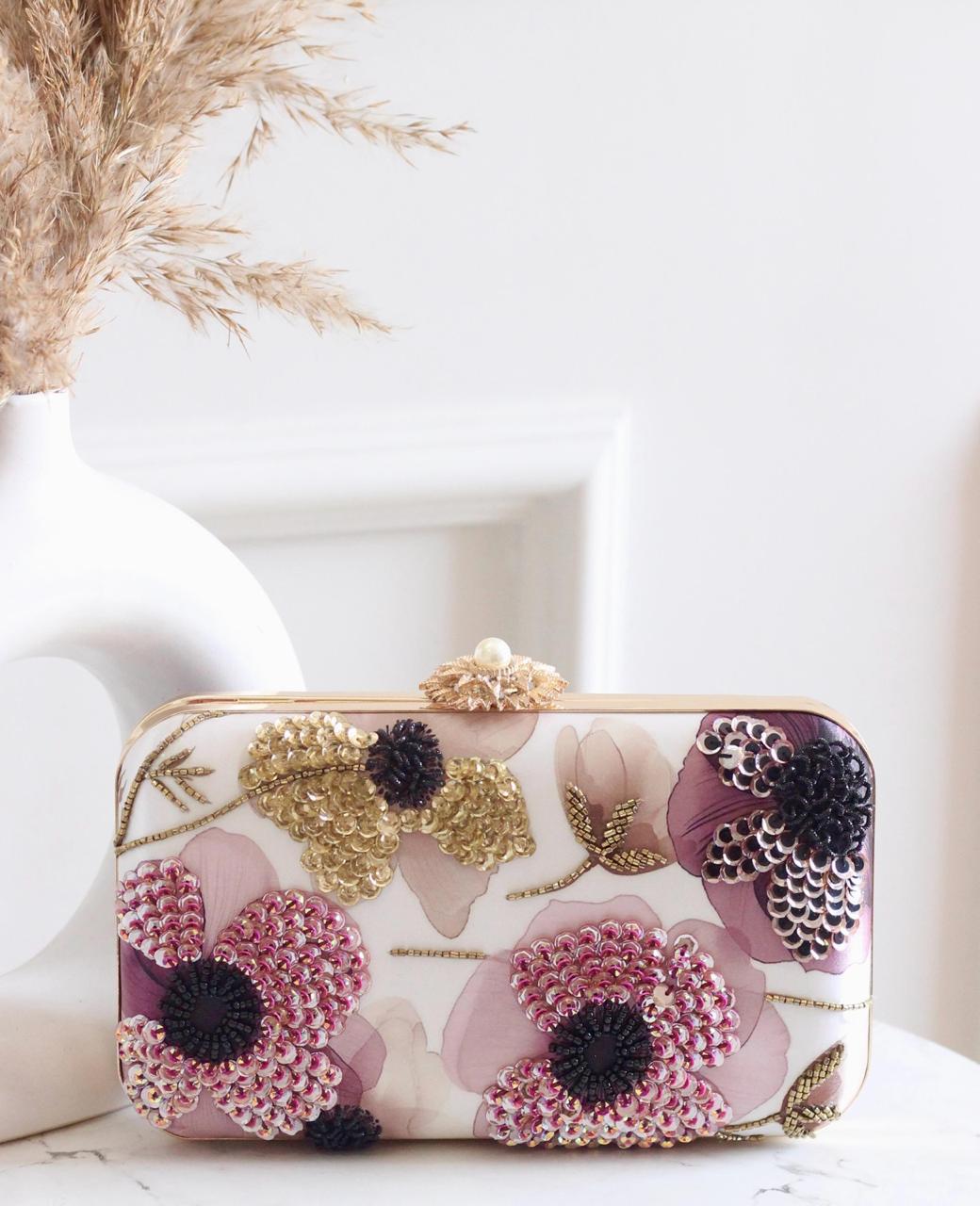 Lilac Floral Sequin Box Clutch
